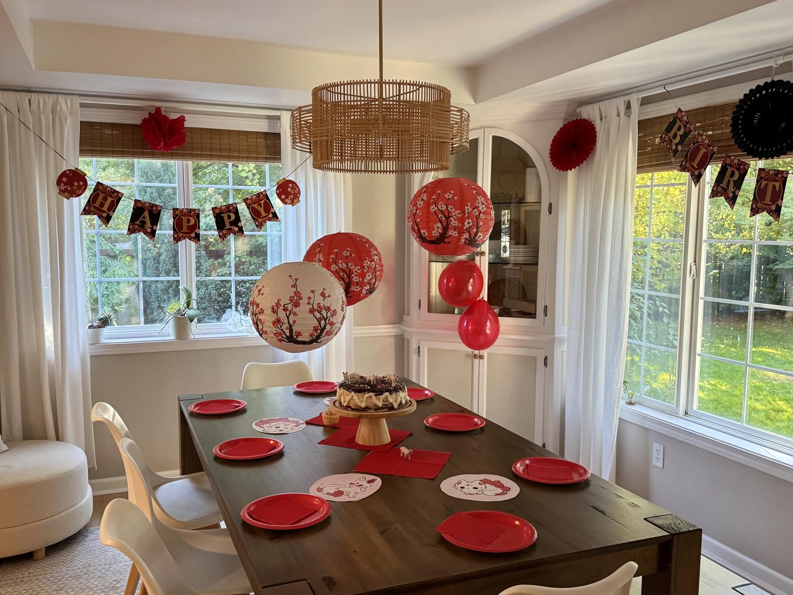 14Pcs Hibachi Party Decorations, Japanese Lanterns with Cherry Blossom Patterns Tissue Paper Pom Poms Round Paper Fans Happy Birthday Banner Set for Hibachi Japanese Party Decorations - Customer Photo 1