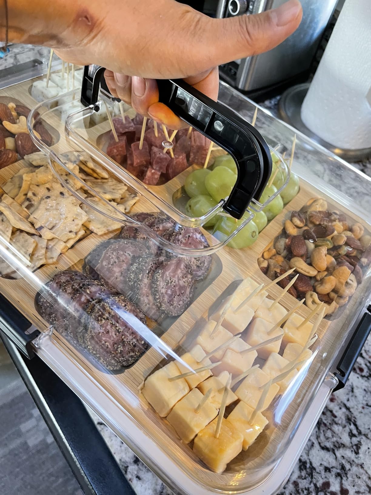 SpaceAid Charcuterie Board with Clear Lid, Portable Travel Cheese Cutting Boards for Picnic Accessories, Bamboo Serving Tray with Lids, House Warming Gifts, White Handles, 1 Compartments - Customer Photo 2