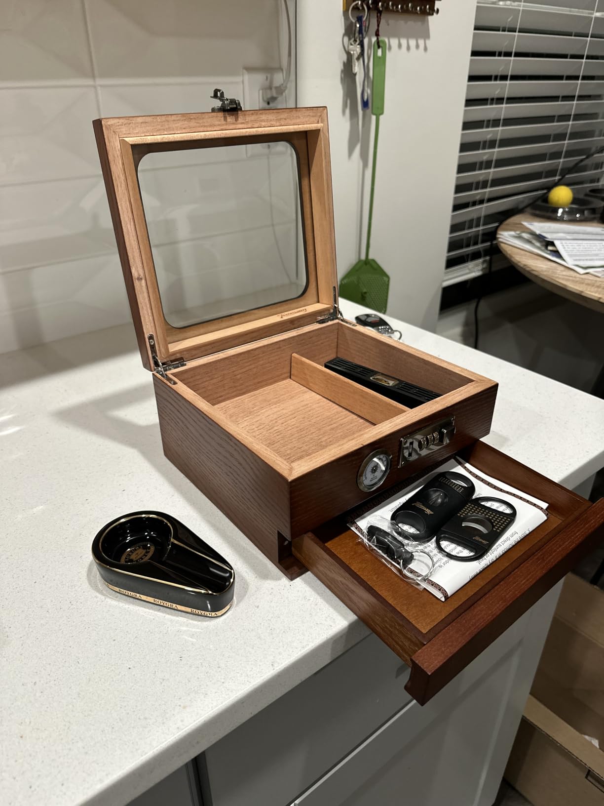 Cigar Humidor,Cedar Wood Humidor Cigar Box,Glass Top Desktop Humidor with Digital Thermo-Hygrometer, Humidifier, Divider, Accessories Drawer and Combination Lock,Cigar Gift for Men - Customer Photo 2