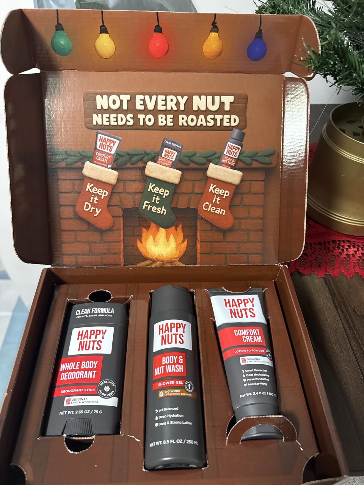 Happy Nuts Santa's Big Sack - Funny Holiday Gift Box for Men - 4-in-1 Men's Care: Comfort Cream, Hydrating Body Wash, Whole Body Deodorant Stick, Anti-Chafing Powder - Hilarious Gift Basket for Him Customer Review Happy Nuts Santa's Big Sack - Funny Holiday Gift Box for Men - 4-in-1 Men's Care: Comfort Cream, Hydrating Body Wash, Whole Body Deodorant Stick, Anti-Chafing Powder - Hilarious Gift Basket for Him - Customer Photo 1
