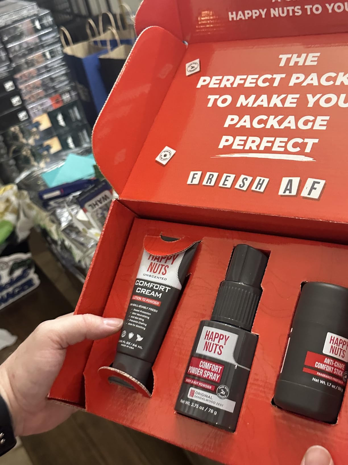 Happy Nuts Santa's Big Sack - Funny Holiday Gift Box for Men - 4-in-1 Men's Care: Comfort Cream, Hydrating Body Wash, Whole Body Deodorant Stick, Anti-Chafing Powder - Hilarious Gift Basket for Him Customer Review Happy Nuts Santa's Big Sack - Funny Holiday Gift Box for Men - 4-in-1 Men's Care: Comfort Cream, Hydrating Body Wash, Whole Body Deodorant Stick, Anti-Chafing Powder - Hilarious Gift Basket for Him - Customer Photo 3