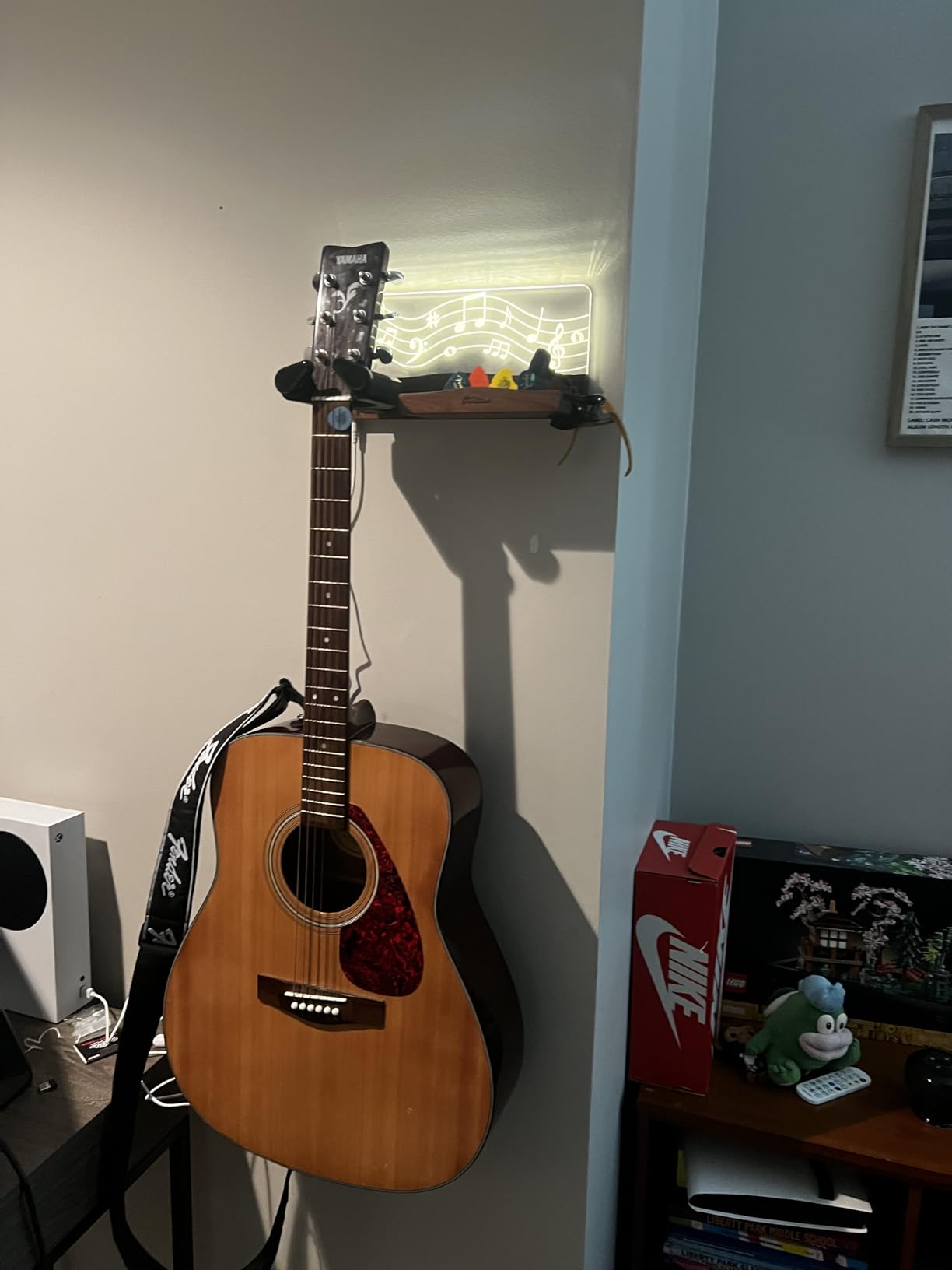 Guitar Wall Mount with LED Light, Auto Lock Guitar Hanger with Shelf and Pick Holder, Wood & Acrylic Light Up Guitar Holder Wall Mount, Guitar Music Accessories Gifts for Guitar Lover Player - Customer Photo 1