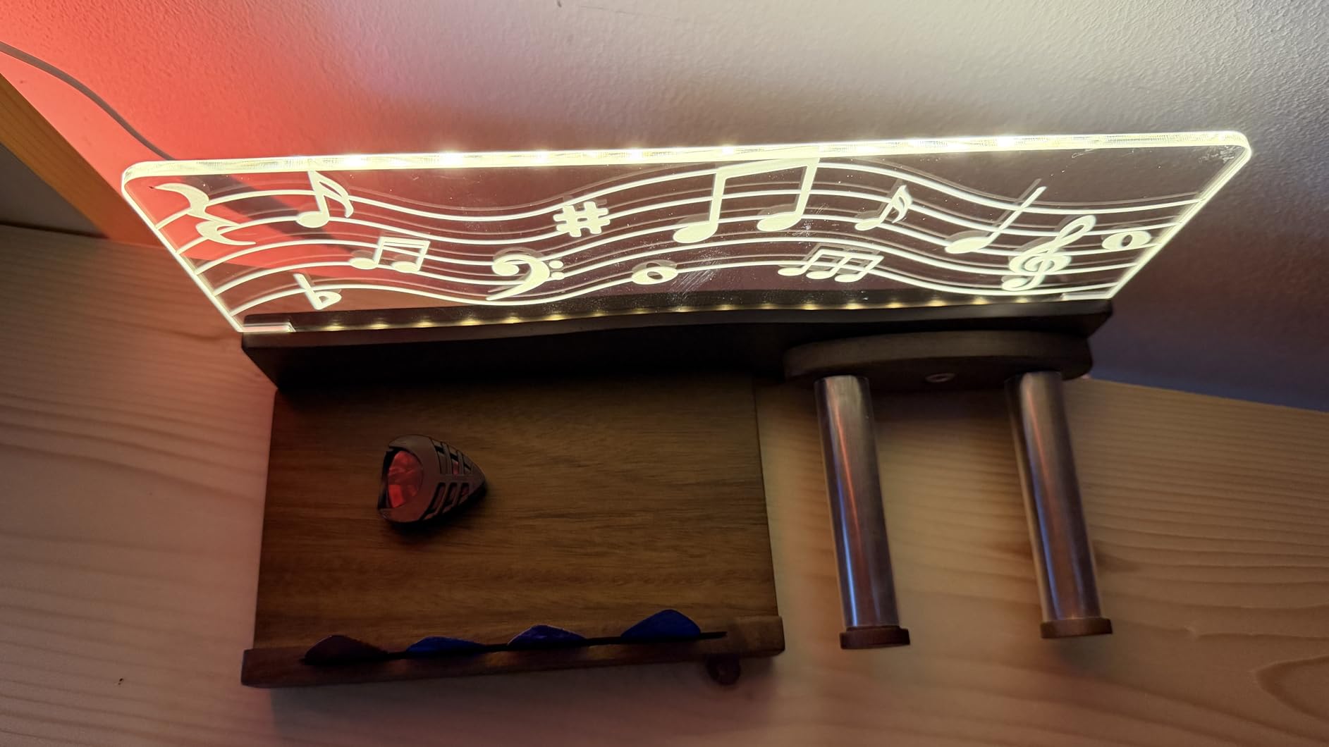 Guitar Wall Mount with LED Light, Auto Lock Guitar Hanger with Shelf and Pick Holder, Wood & Acrylic Light Up Guitar Holder Wall Mount, Guitar Music Accessories Gifts for Guitar Lover Player - Customer Photo 2
