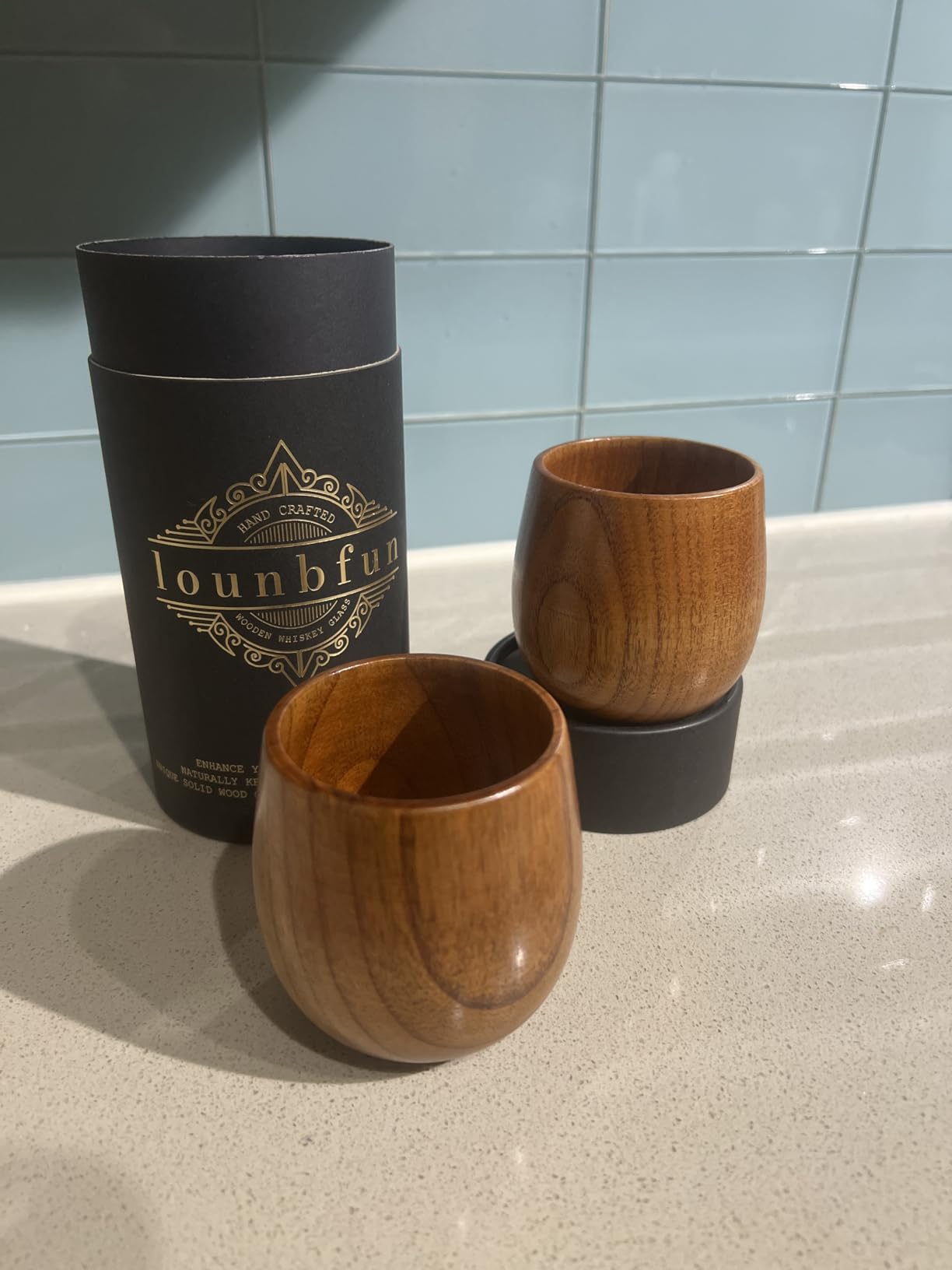 Wooden Bourbon Glass Set of 2, Handcrafted Oak Whiskey Tumblers with Gold-Foiled Gift Box | Natural Aroma, Unique Wood Grain | Premium Bourbon Gift for Men, Ideal for Birthday, Anniversary, Christmas - Customer Photo 2