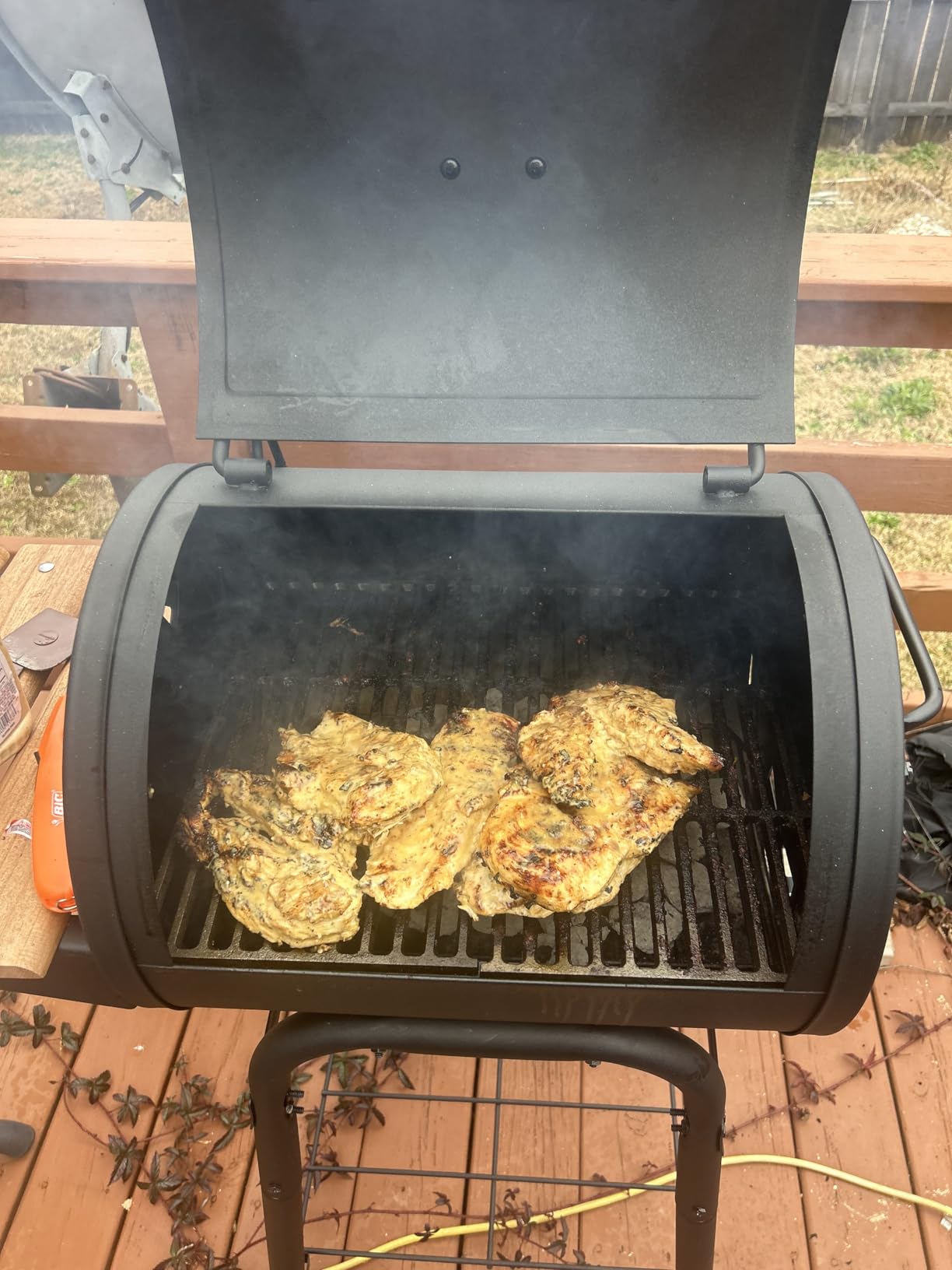 Char-Griller Patio Pro Charcoal Grill and Smoker with Cast Iron Grates, Premium Wood Shelf and Damper Control, 250 Cooking Square Inches in Black, Model E1515 - Customer Photo 1