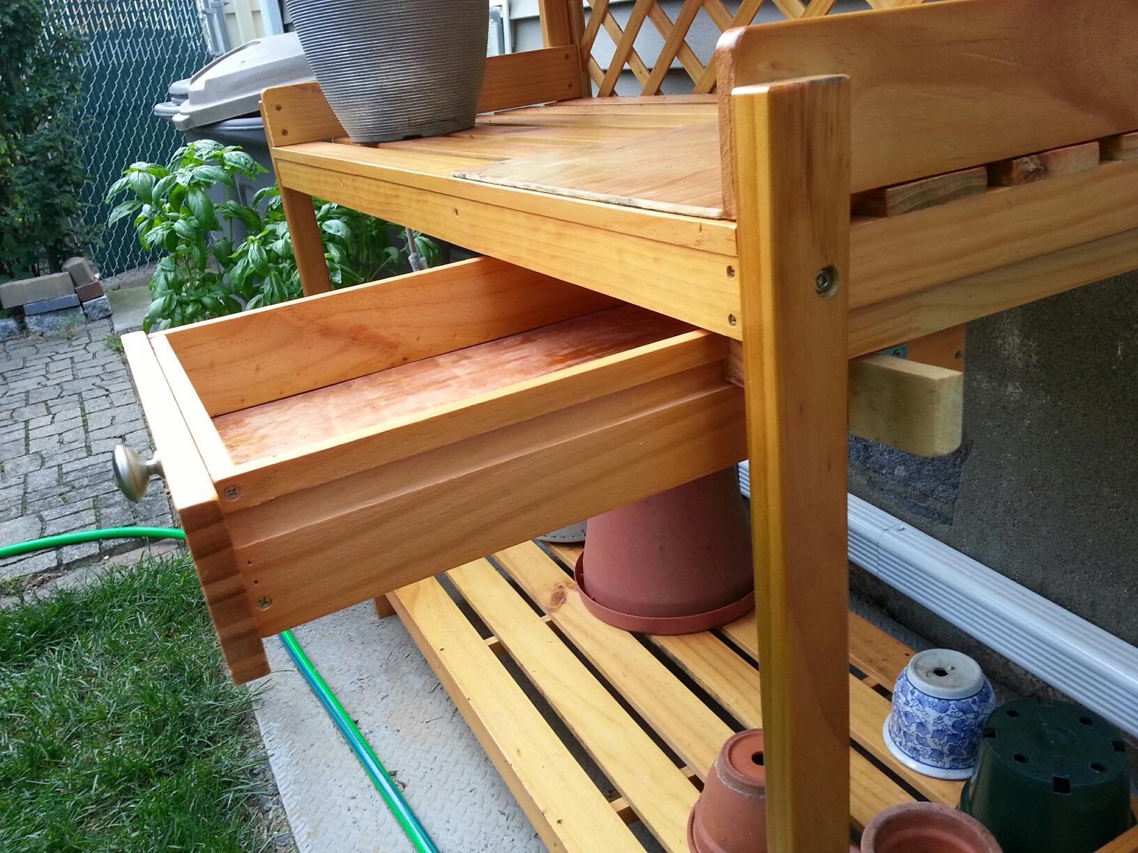 Best Choice Products Outdoor Garden Potting Bench, Wooden Workstation Table w/Cabinet Drawer, Open Shelf, Lower Storage, Lattice Back - Natural - Customer Photo 1