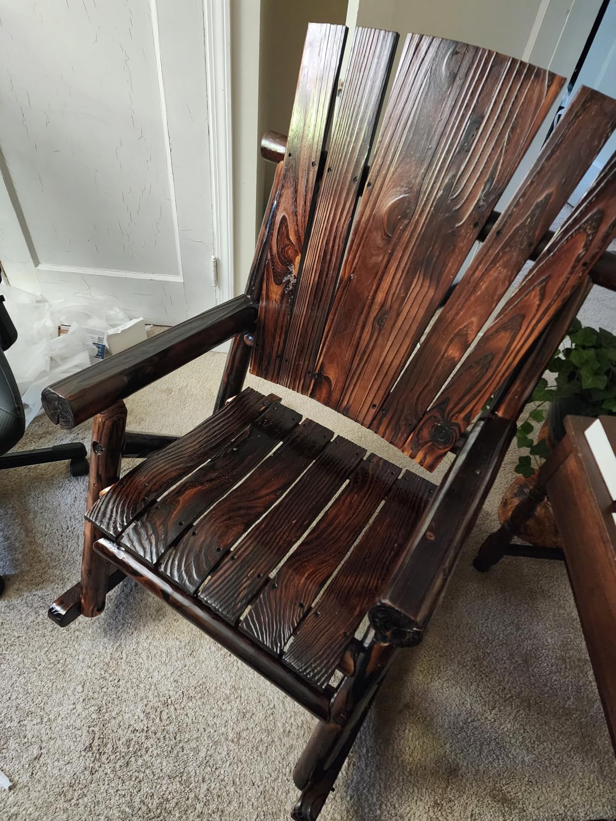LEIGH COUNTRY Char-Log Single Rocker, Adult Outdoor Indoor Wood Rocking Chair, Solid Pine and Fir Construction, Brown Finish for Porch, Patio, Cabin, Comfortable Design - Customer Photo 1