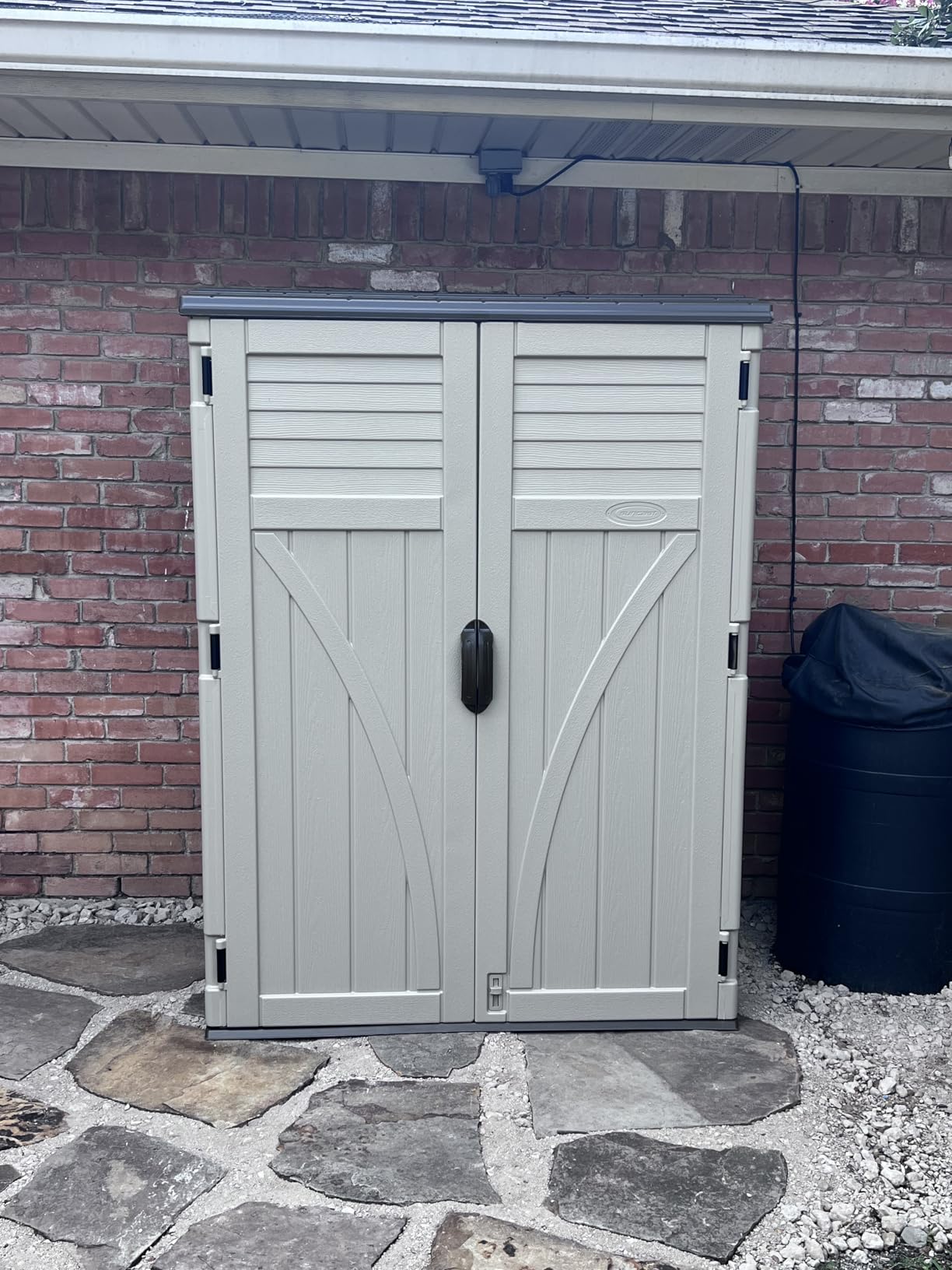 Suncast Outdoor Storage Cabinet Waterproof Resin Vertical Outdoor Storage Shed (54 cu. ft.) for Patio, Garden Tools, Cushions, & Equipment. Weatherproof Plastic Multi-Wall Design, Capacity Made in USA Customer Review Suncast Outdoor Storage Cabinet Waterproof Resin Vertical Outdoor Storage Shed (54 cu. ft.) for Patio, Garden Tools, Cushions, & Equipment. Weatherproof Plastic Multi-Wall Design, Capacity Made in USA - Customer Photo 2