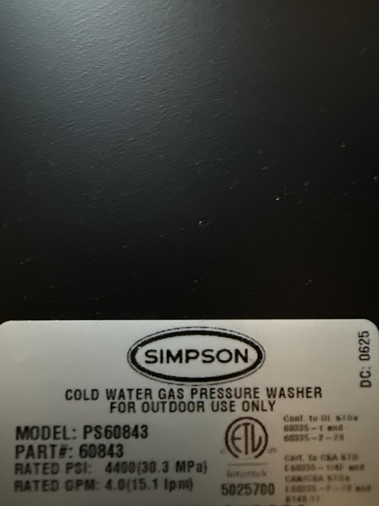 Simpson 4400 PSI Gas Pressure Washer, 4.0 GPM Commercial Power Washer, Cold Water, 50' Hose, PowerShot, 49-State Compliant (PS60843) - Customer Photo 1