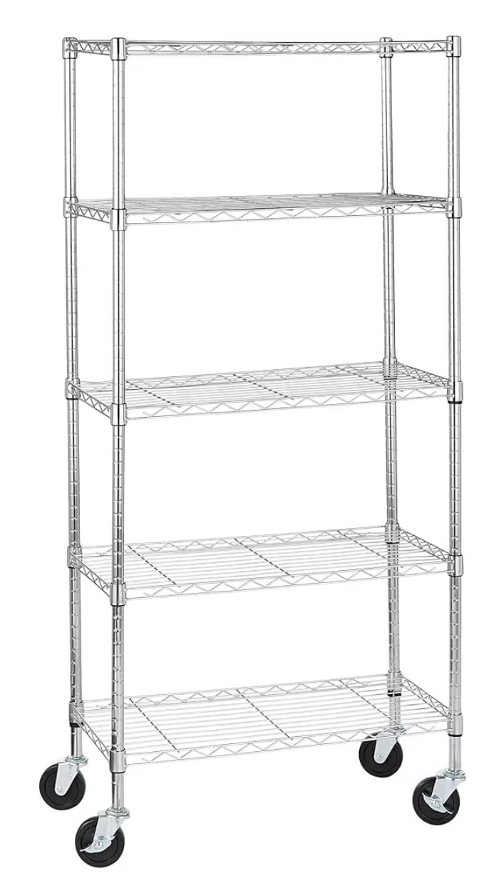 Amazon Basics 5-Shelf Adjustable, Heavy Duty Storage Shelving Unit on 4'' Wheel Casters, Metal Organizer Wire Rack, 30 Amazon Basics 5-Shelf Adjustable, Heavy Duty Storage Shelving Unit on 4'' Wheel Casters, Metal Organizer Wire Rack, 30