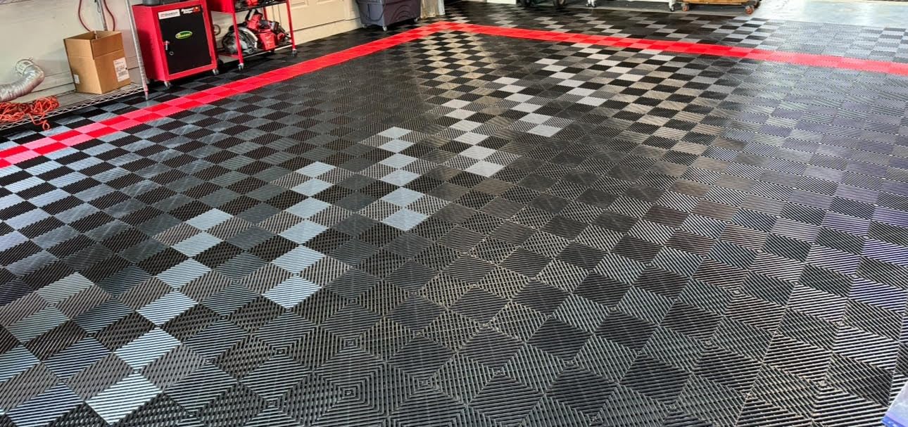 Big Floors RaceDeck Free-Flow Open Rib Self-Draining Design, Durable Copolymer Plastic Interlocking Modular Garage Flooring Tile (24 Pack), Red Customer Review Big Floors RaceDeck Free-Flow Open Rib Self-Draining Design, Durable Copolymer Plastic Interlocking Modular Garage Flooring Tile (24 Pack), Red - Customer Photo 2