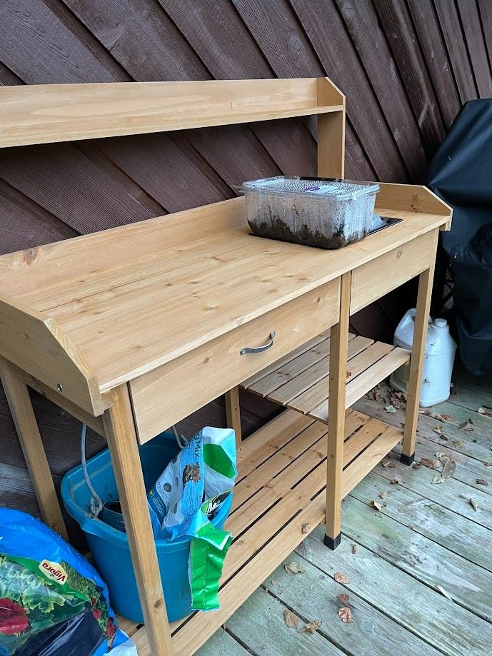 Topeakmart 45.2x17.7x47.6'' (LxWxH) Potting Benches Outdoor Garden Potting Table Work Bench with Removable Sink Drawer Rack Shelves Work Station, Wood - Customer Photo 2