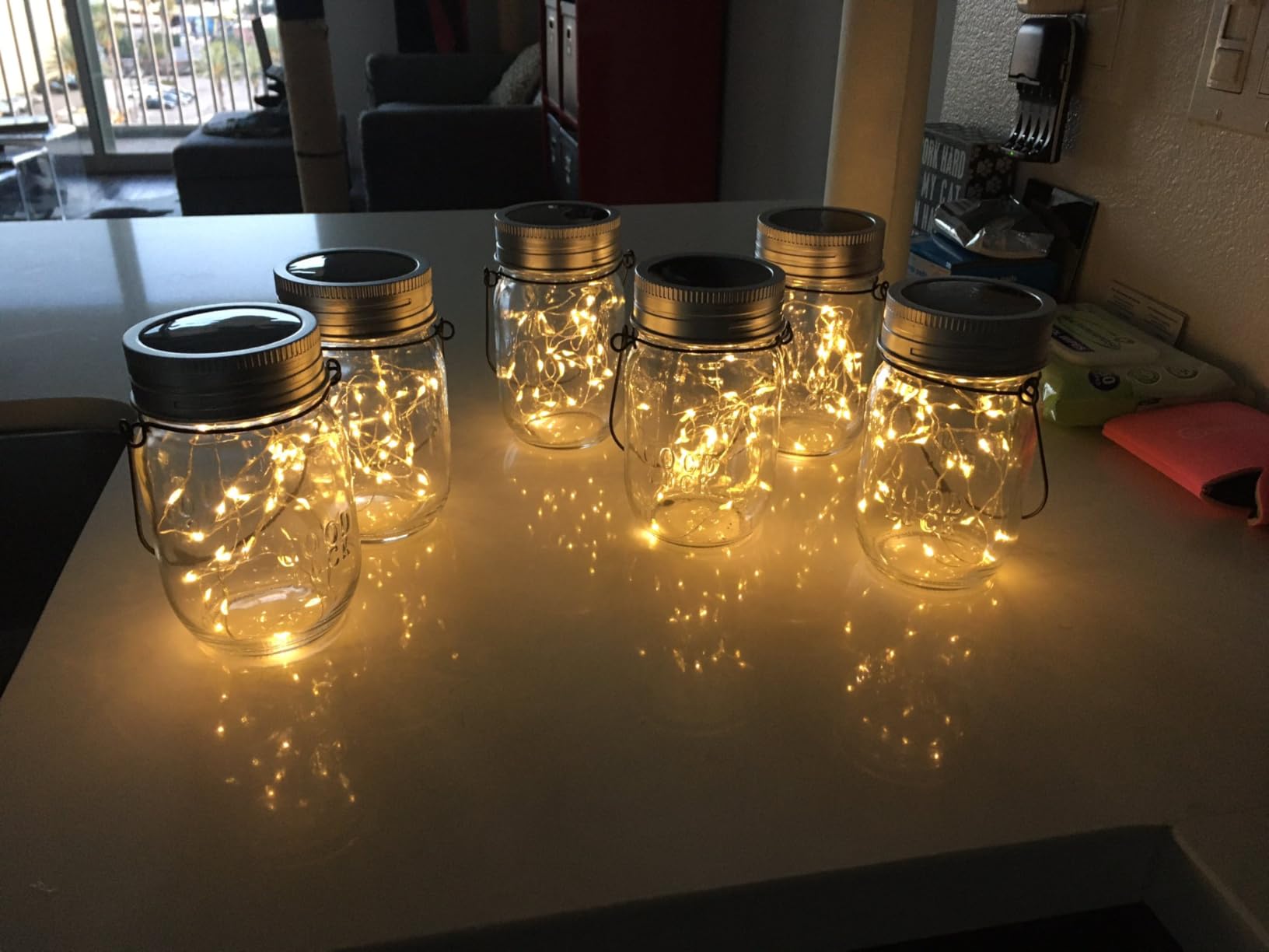 GIGALUMI Hanging Mason Jar Solar Lights, 6 Pack 30 Led Hanging Solar Lanterns Outdoor Waterproof, Hangers and Jars Included, Outdoor Decor for Balcony, Garden, Patio, Yard, Wedding - Customer Photo 2
