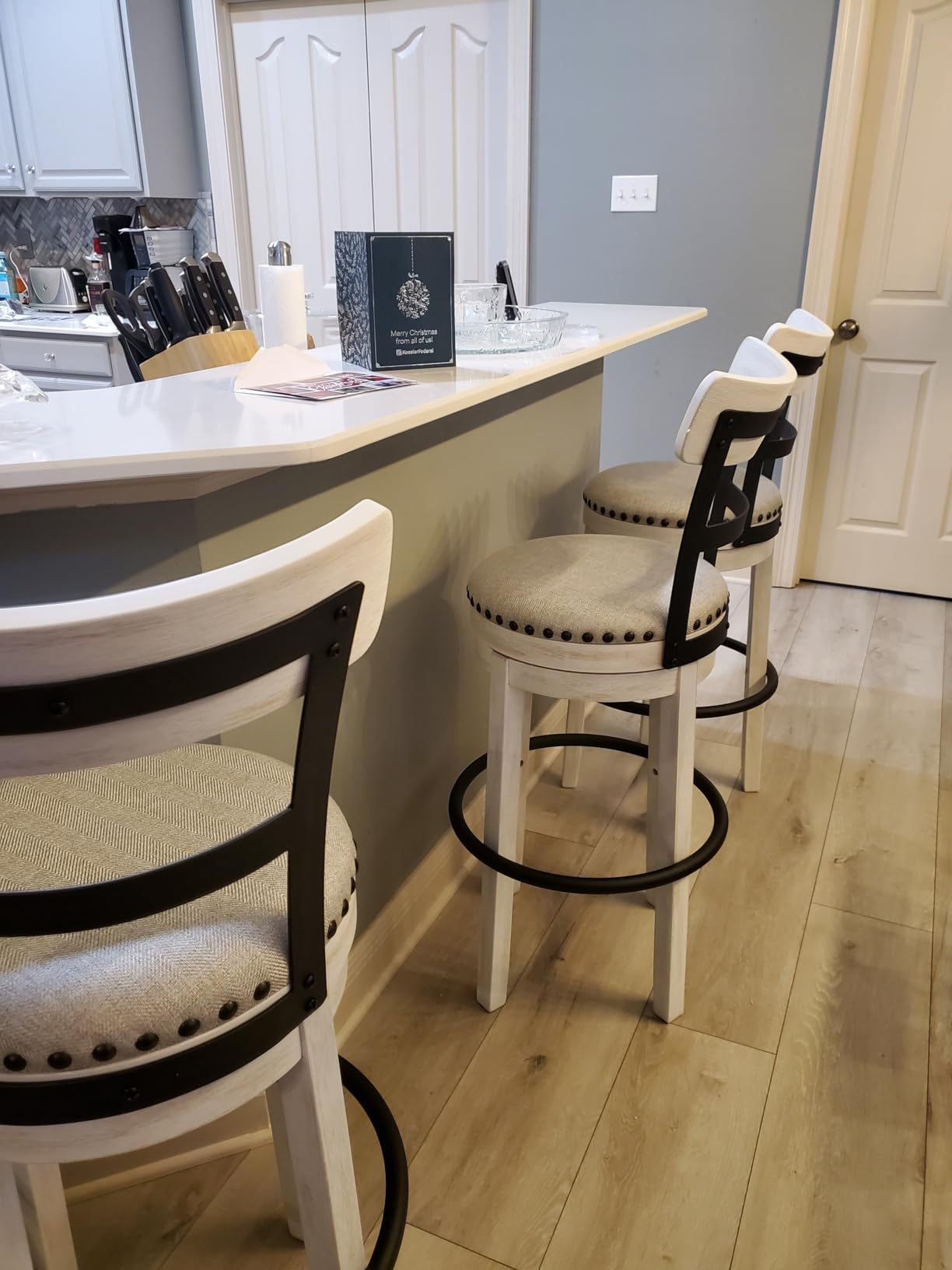 Signature Design by Ashley Valebeck | 30″ Farmhouse Pub-Height Swivel Barstool With Back – Upholstered Cushion, Nailhead Trim, Metal & Wood Frame, Brown - Customer Photo 1