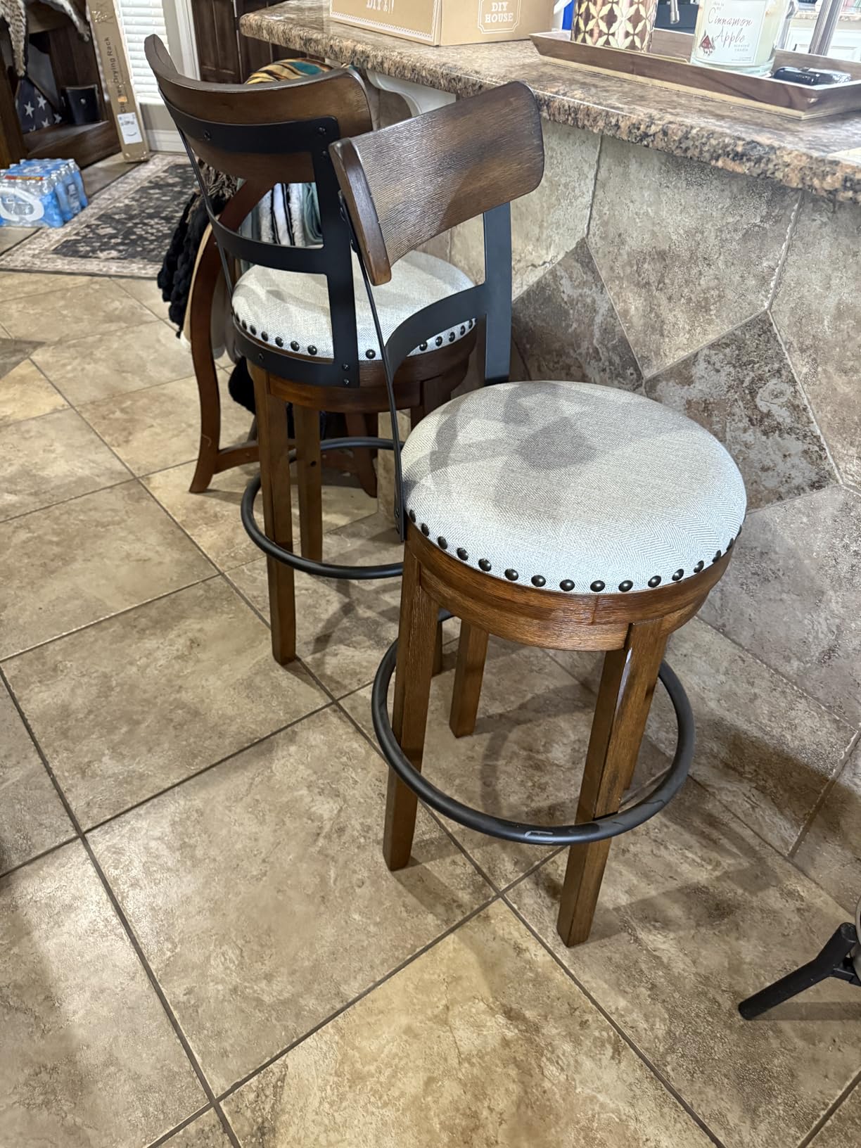 Signature Design by Ashley Valebeck | 30″ Farmhouse Pub-Height Swivel Barstool With Back – Upholstered Cushion, Nailhead Trim, Metal & Wood Frame, Brown - Customer Photo 2