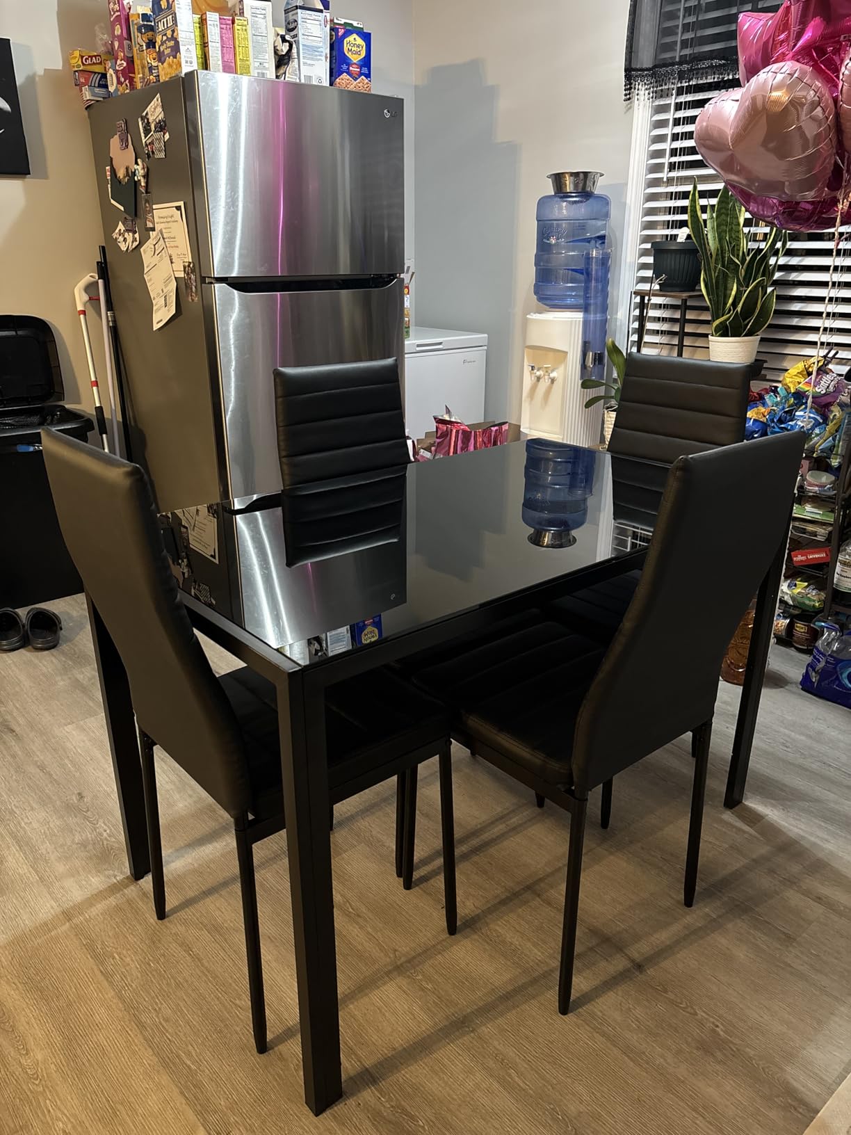 FDW | 5-Piece Dining Table Set | Black | Glass Kitchen Table with 4 Upholstered Chairs and Faux Leather Cushions | Space-Saving and Modern Design | for Dining Room, Easy to Assemble - Customer Photo 2