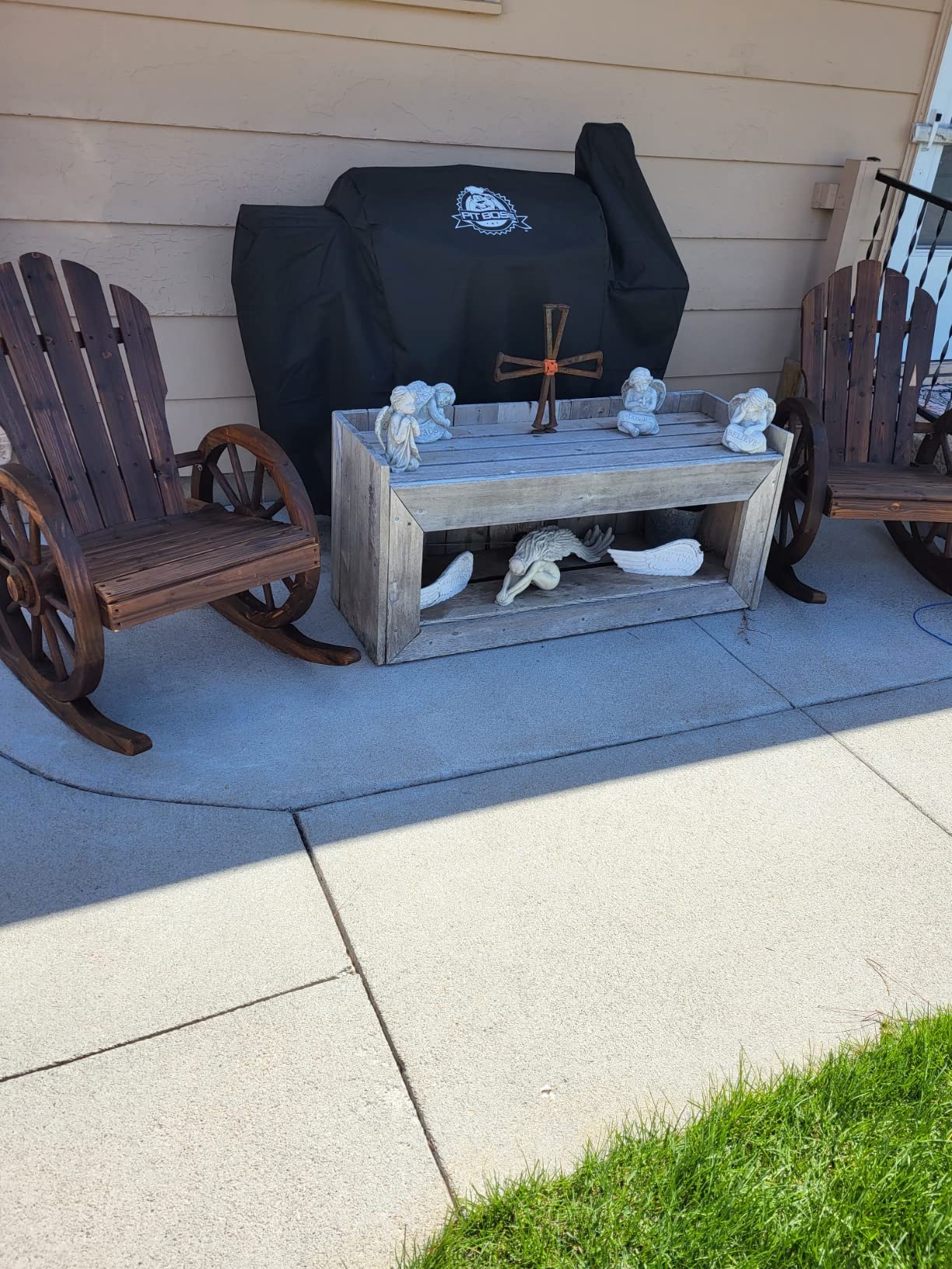 Outsunny Wooden Rocking Chair, Adirondack Rocker Chair w/Slatted Design and Oversized Back, Outdoor Rocking Chair with Wagon Wheel Armrest for Porch, Poolside, and Garden, Carbonized - Customer Photo 2