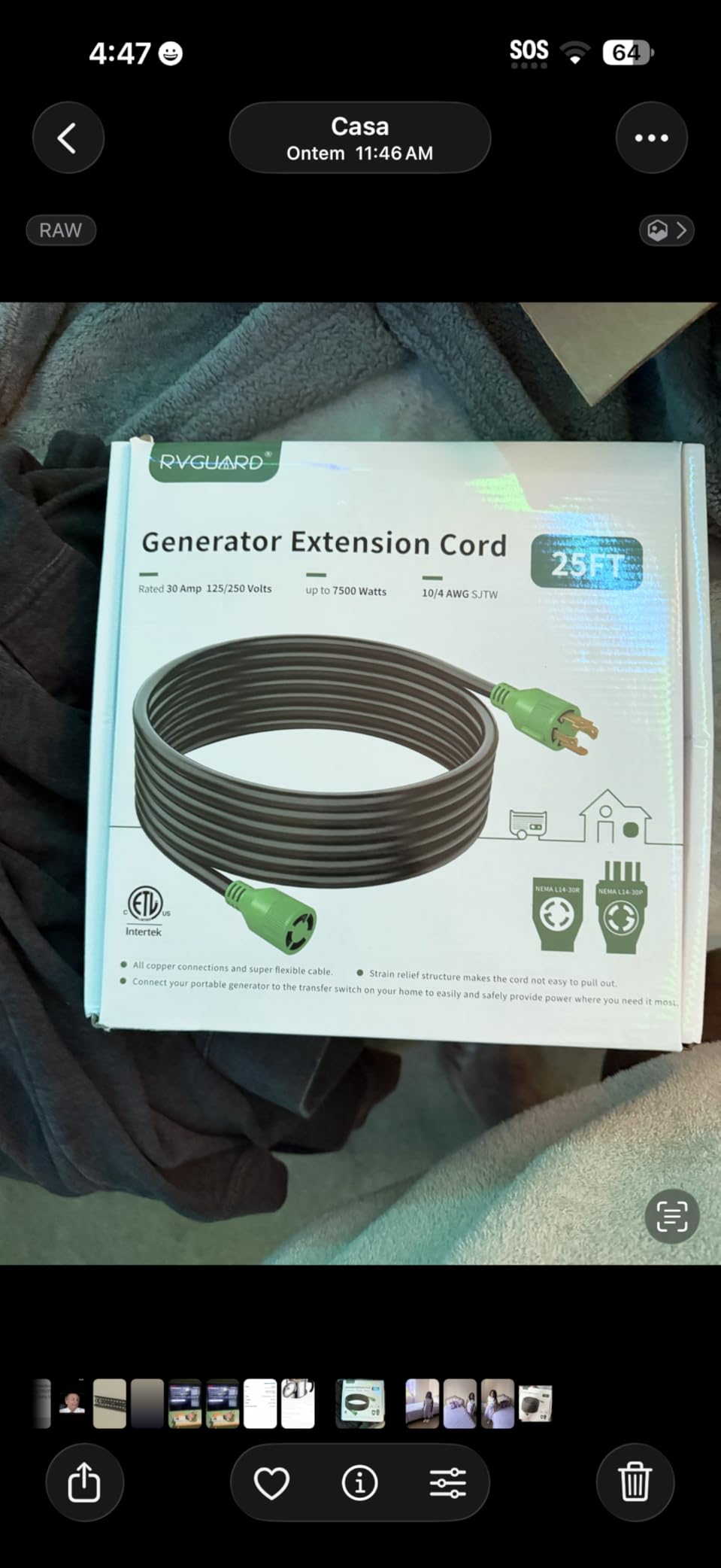 RVGUARD 4 Prong 30 Amp 25 Foot Generator Extension Cord, NEMA L14-30P/L14-30R, 125/250V Up to 7500W 10 Gauge SJTW Generator Cord with Cord Organizer, ETL Listed - Customer Photo 1