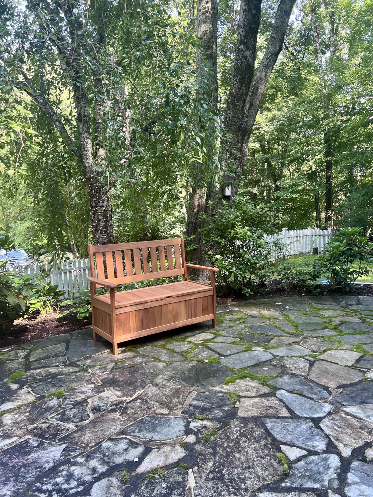 Tangkula Outdoor Wood Storage Bench Deck Box, Entryway Porch Storage Bench with Inner Removable Dust-Proof Lining & Portable Handles, Eucalyptus Wood Loveseat for Garden, Lawn, Balcony & Yard - Customer Photo 2