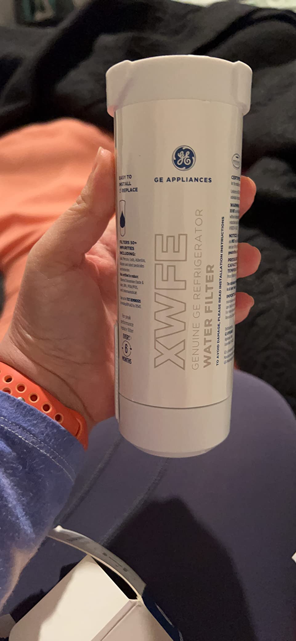 GE XWFE Refrigerator Water Filter, Genuine Replacement Filter, Certified to Reduce Lead, Microplastics, PFOA/PFOS, and 50+ Other Impurities, Compatible with GE Appliances Brands, Pack of 1 - Customer Photo 1