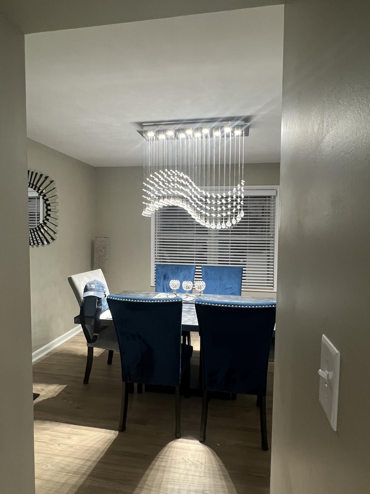 Siljoy Modern Crystal Chandelier, 12-Light Luxury Large Rectangle Wave Raindrop Chandelier, Rectangular Flush Mount Crystal Ceiling Light for Dining Room Kitchen Island L47'' x W11.8'' x H40'' - Customer Photo 5