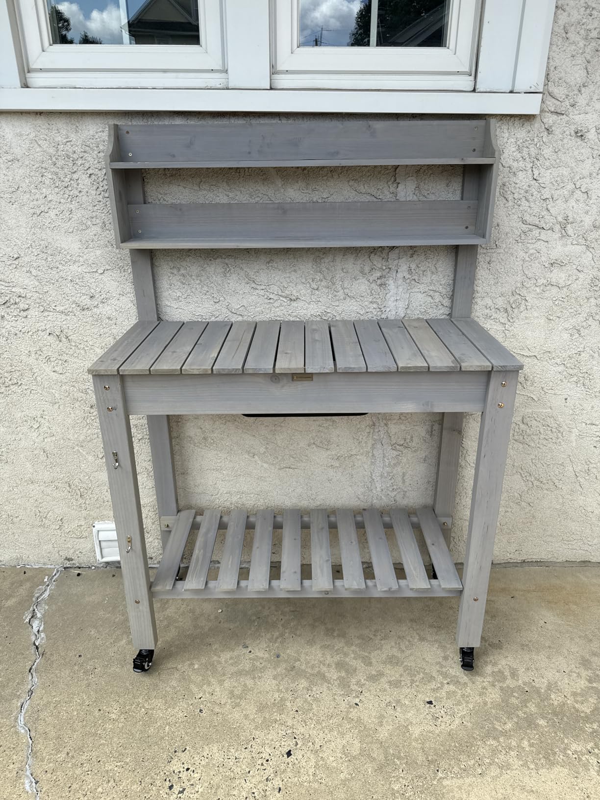 Best Choice Products Mobile Garden Potting Bench, Outdoor Wood Workstation Table w/Sliding Tabletop, 4 Locking Wheels, Food Grade Dry Sink, Storage Shelves - Brown - Customer Photo 1