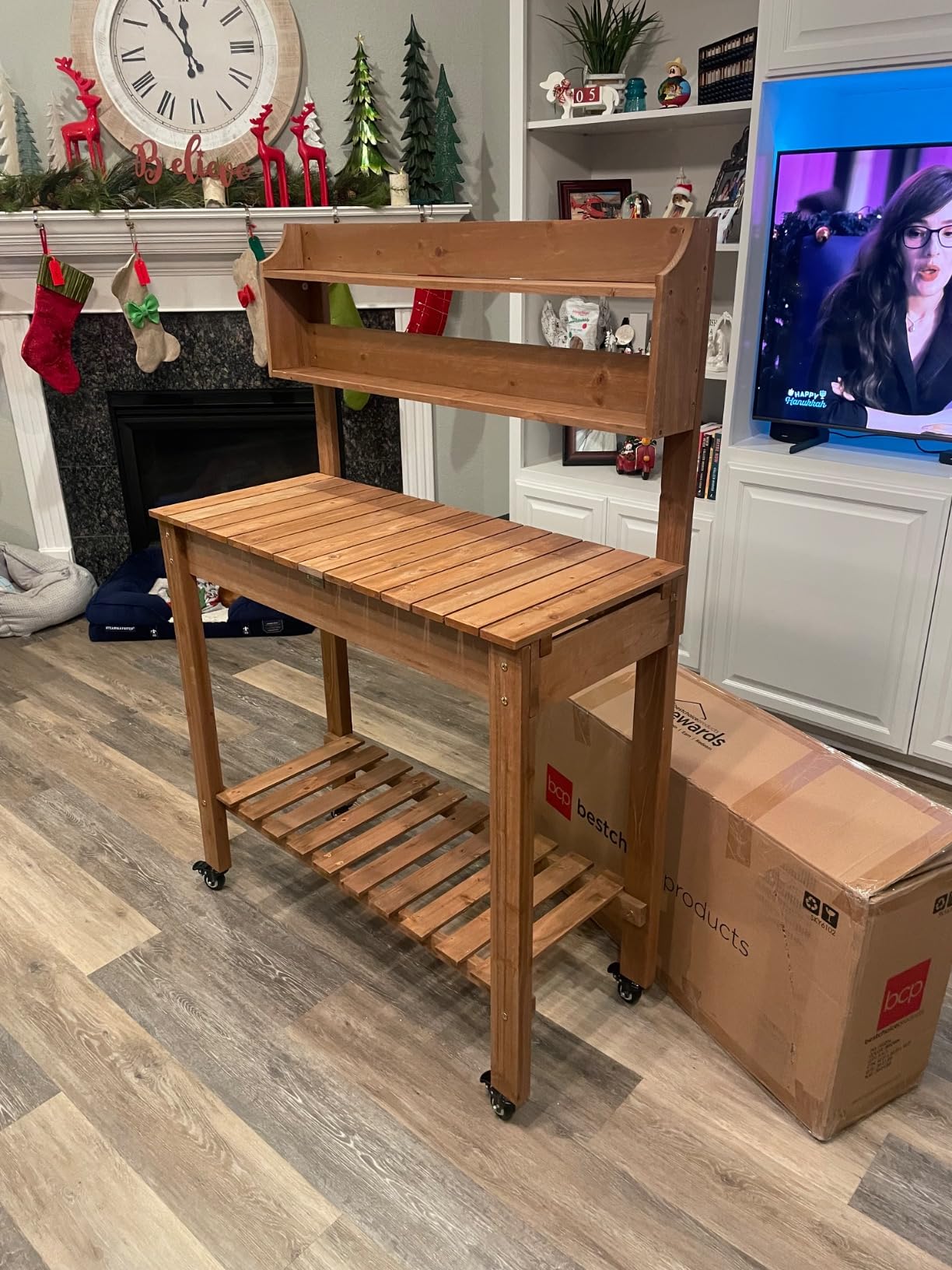 Best Choice Products Mobile Garden Potting Bench, Outdoor Wood Workstation Table w/Sliding Tabletop, 4 Locking Wheels, Food Grade Dry Sink, Storage Shelves - Brown - Customer Photo 2