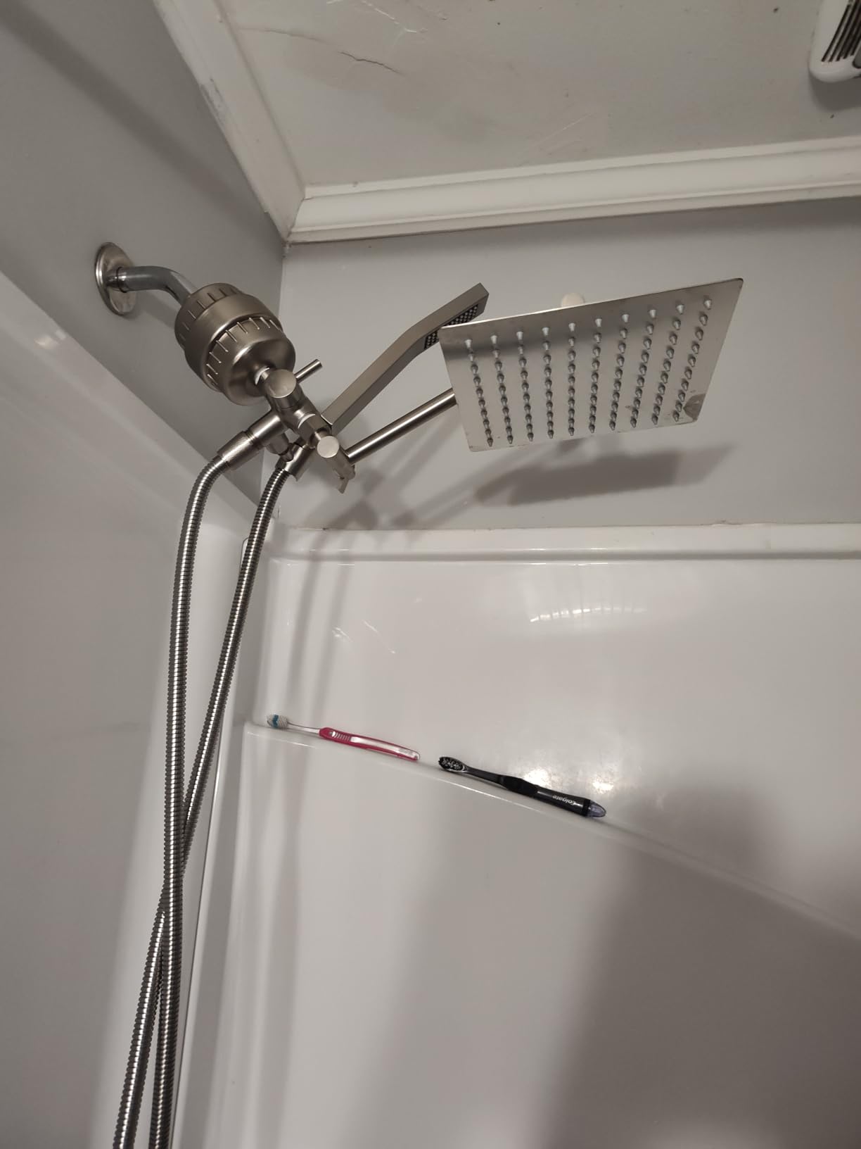 G-Promise All Metal 8 Inch Dual Square Shower Head with Handheld Spray Combo, Rain Shower Head, Adjustable Extension Arm, Smooth 3-Way Diverter, 71 Inch Extra Long Hose - A Bathroom Upgrade (Chrome) - Customer Photo 1