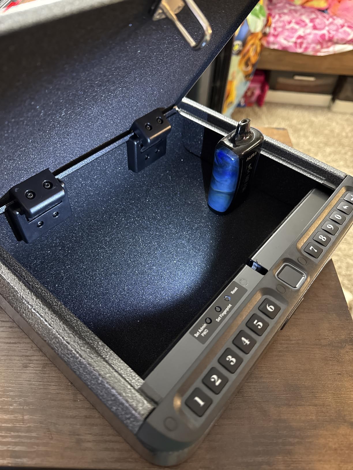 BILLCONCH Smart Gun Safe with Security Cable - Biometric Pistol Safe for Handgun 4 Ways Quick Access with Fingerprint/Keypad/Key/APP Lock, for Nightstand Bedside Home Car with LCD and Voice Guide - Customer Photo 1