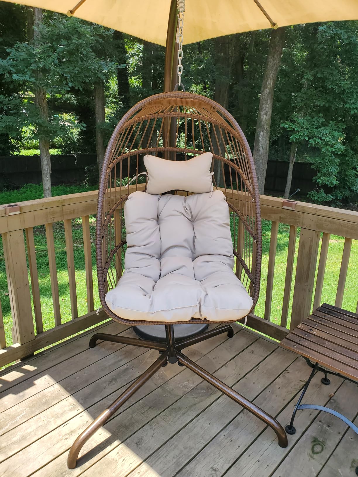 BLUEXYARD Outdoor Hanging Egg Chair with Stand, 350 Lbs Capacity Wicker Rattan Swing Chair with Cozy Cushion, Foldable Weather-Resistant Basket Hammock for Patio Balcony Lawn Bedroom, Brown Tan - Customer Photo 1