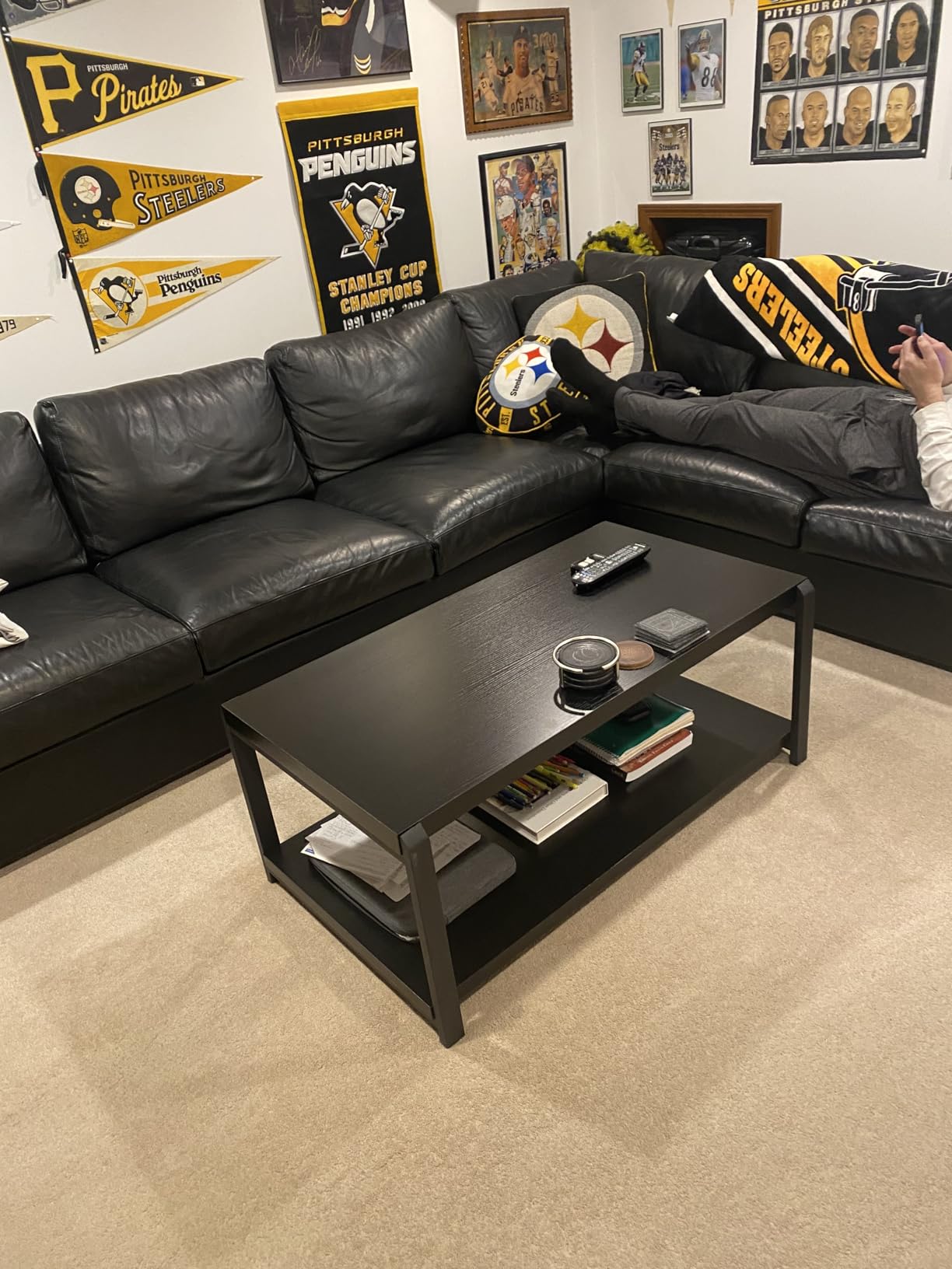 EXCEFUR Coffee Table with Storage Shelf, Rustic Wood and Metal Cocktail Table for Living Room, Grey - Customer Photo 2