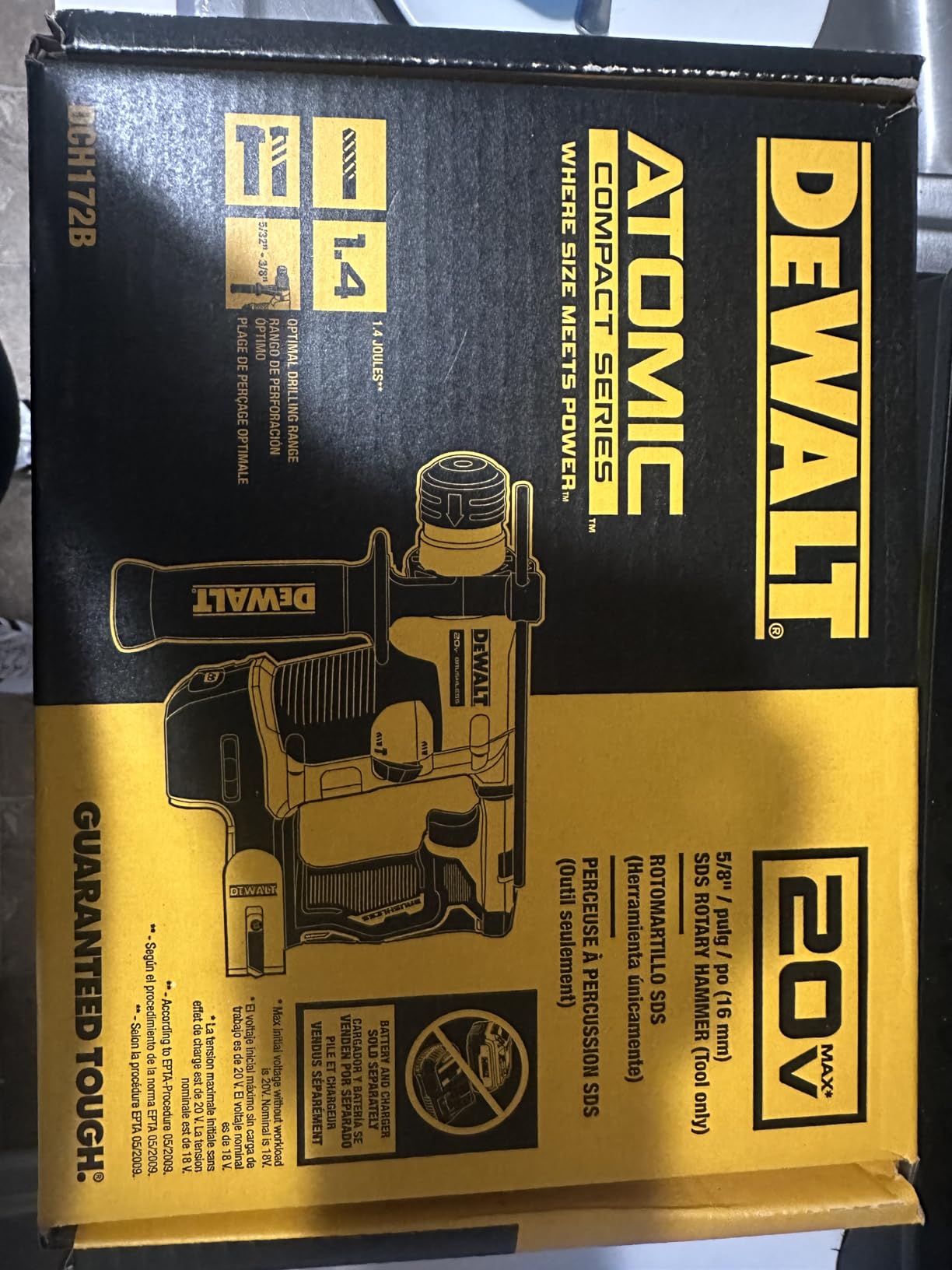 DEWALT 20V MAX SDS Plus Rotary Hammer Drill, Cordless, 5/8 in., Tool Only (DCH172B) - Customer Photo 1