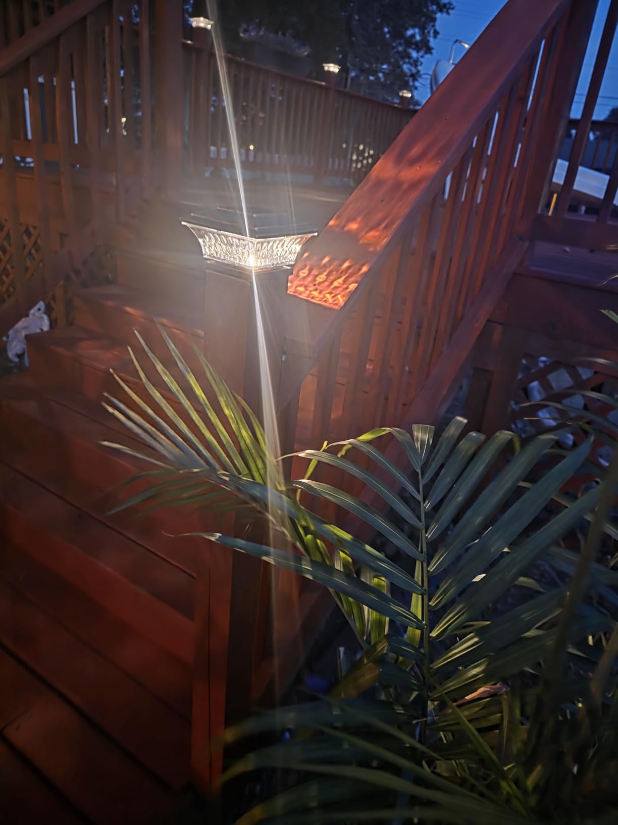 HUYIENO Solar Post Cap Lights Outdoor LED Lighting Deck Fence Cap Light Two Light Modes Warm White/Bright White Suitable for 4x4 Wooden Posts Brushed Copper 2PK - Customer Photo 2