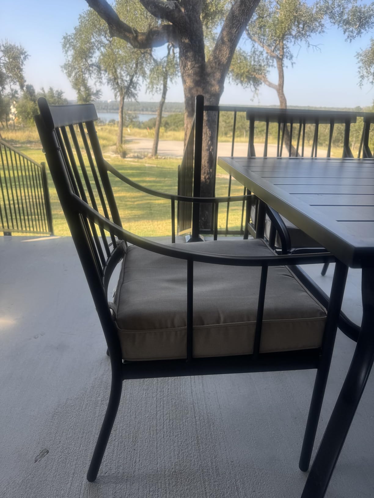 PHI VILLA 7 Piece Patio Dining Table Set with Cushion, Large Rectangular Metal Dining Table with Umbrella Hole & 6 Cushioned Iron Chairs for Outdoor, Deck, Yard - Customer Photo 4