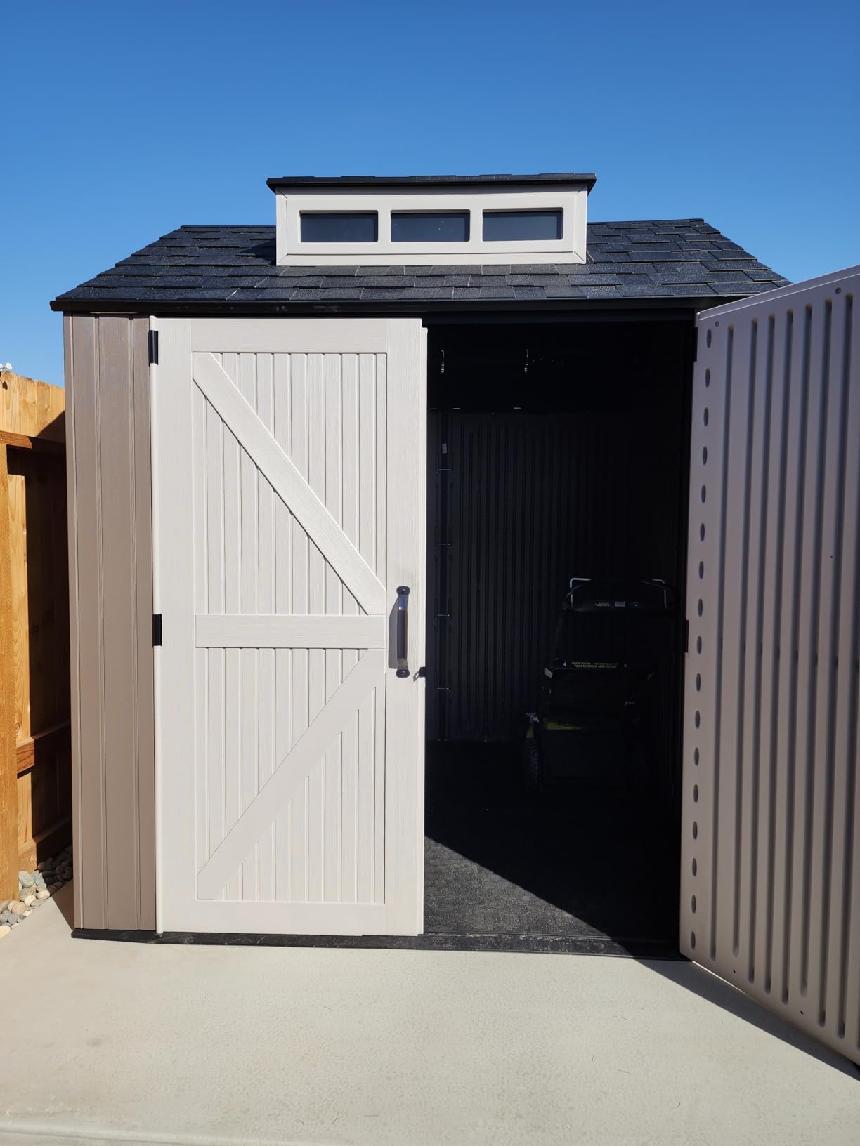 Rubbermaid Resin Outdoor Storage Shed With Floor (7 x 7 Ft) Weather Resistant Gray Organization for Home/Backyard/Garden Tools/Lawn Mower/Bike Storage/Pool Supplies Customer Review Rubbermaid Resin Outdoor Storage Shed With Floor (7 x 7 Ft) Weather Resistant Gray Organization for Home/Backyard/Garden Tools/Lawn Mower/Bike Storage/Pool Supplies - Customer Photo 2