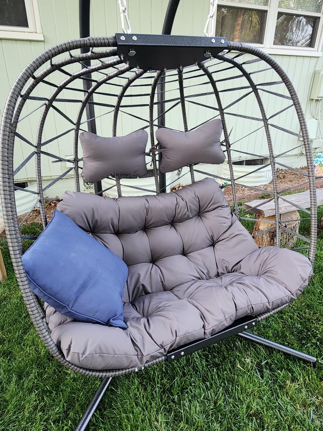 RADIATA Outdoor Swing Egg Chair with Stand, 350Lbs Heavy-Duty Wicker Egg Hanging Patio Chairs for Outside, Comfy Porch Swinging Chair with Thick Cushion Balcony Backyard Bedroom Indoor, Beige - Customer Photo 1