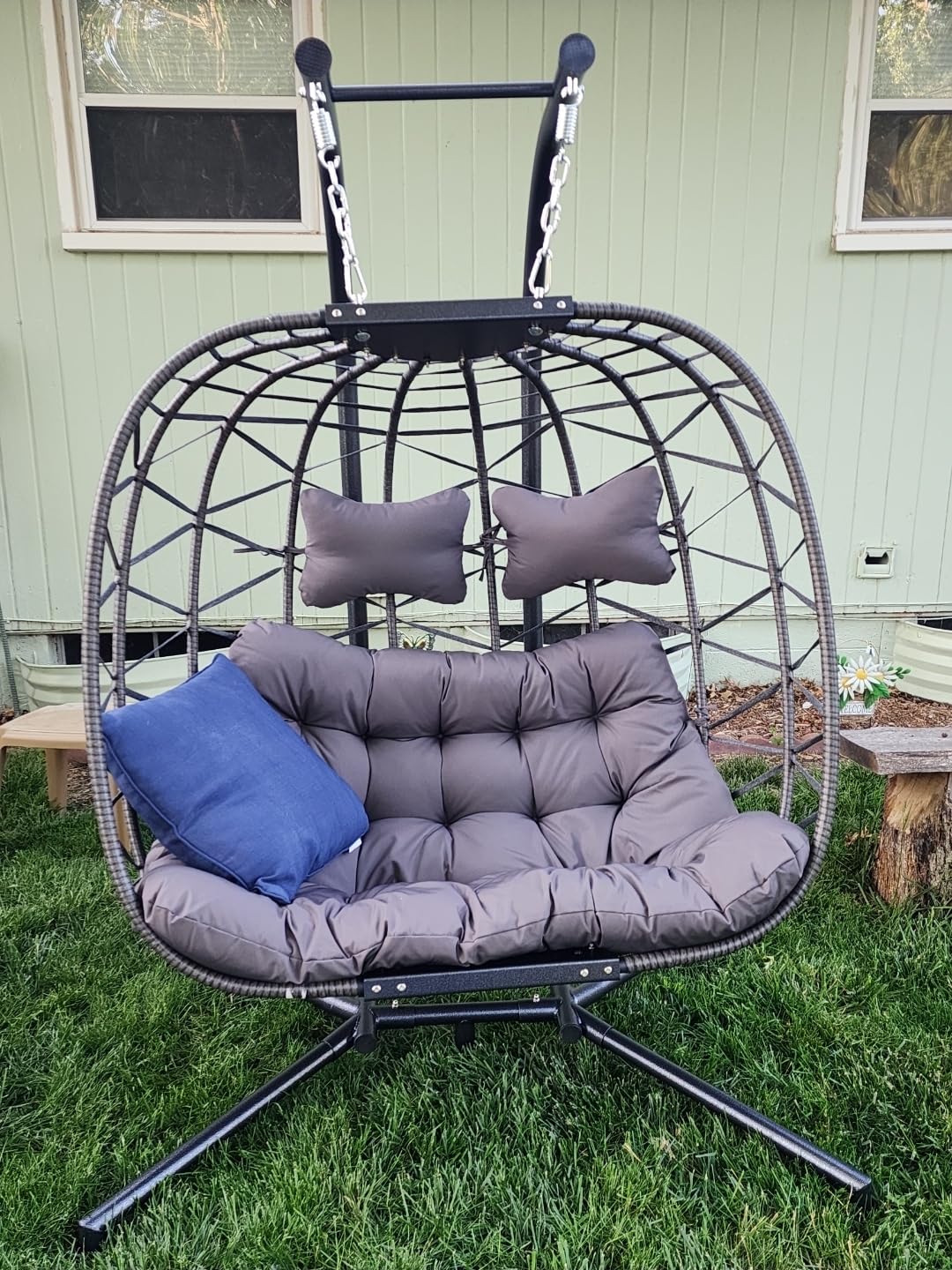 RADIATA Outdoor Swing Egg Chair with Stand, 350Lbs Heavy-Duty Wicker Egg Hanging Patio Chairs for Outside, Comfy Porch Swinging Chair with Thick Cushion Balcony Backyard Bedroom Indoor, Beige - Customer Photo 2