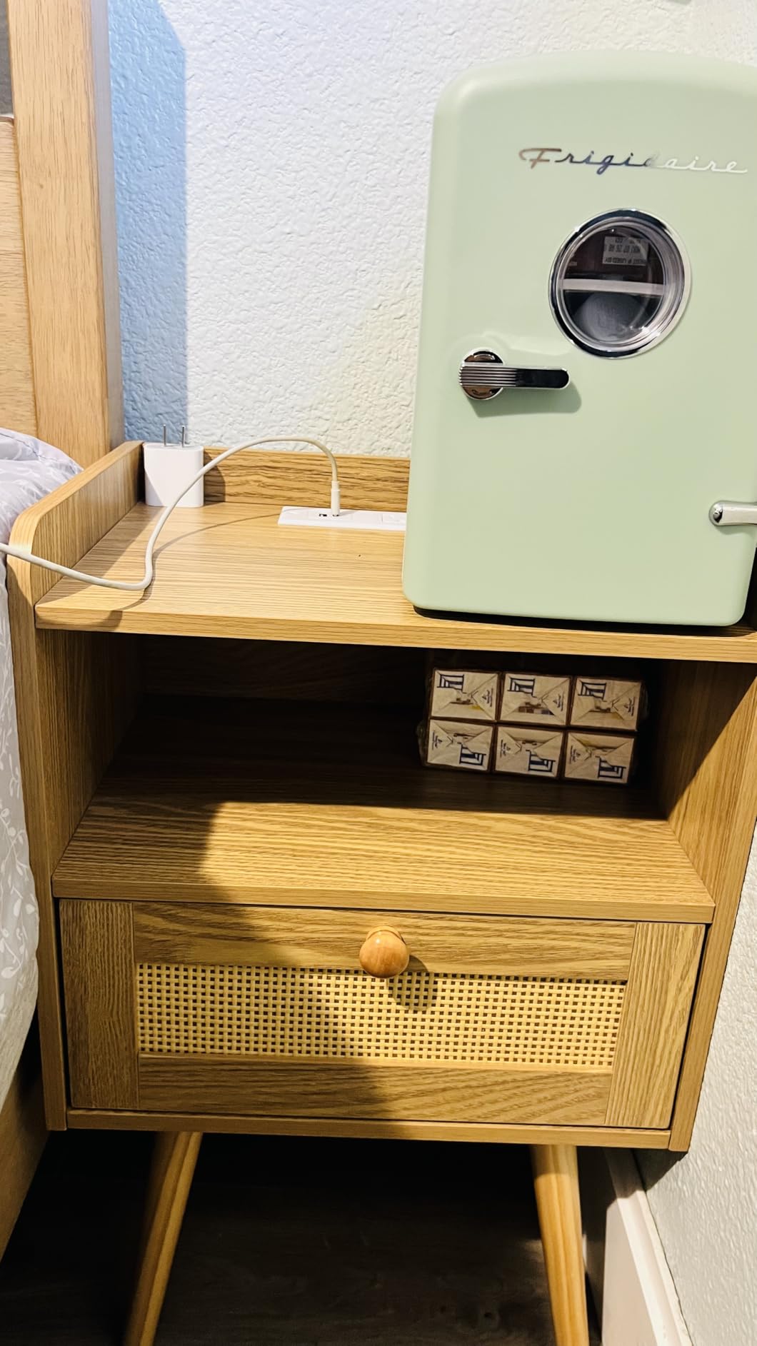 SUPERJARE Nightstands Set of 2, Night Stands with Charging Station & PE Rattan Decor Drawer, Bed Side Tables with Solid Wood Feet, End Table, for Bedroom, Living Room - Natural - Customer Photo 1