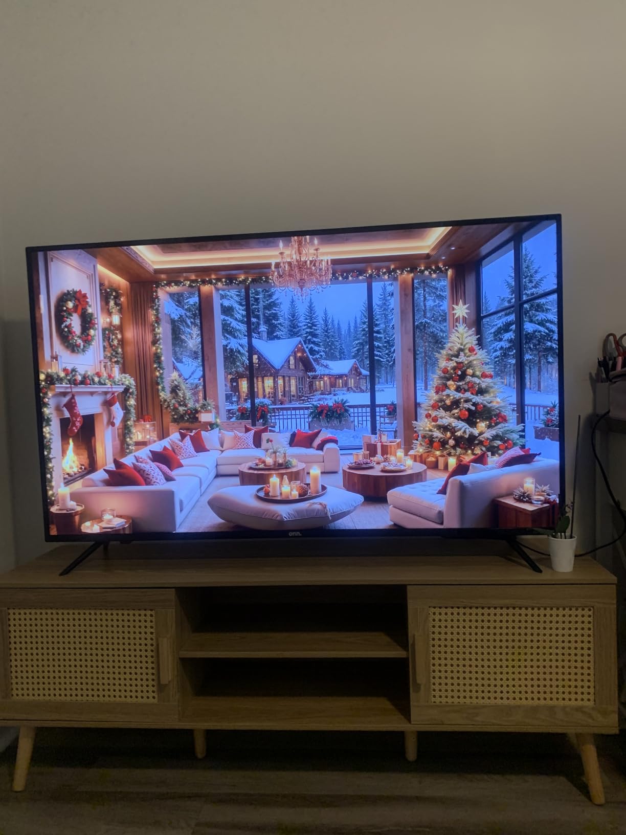 SUPERJARE Boho TV Stand for 65 Inch TV, Entertainment Center with Adjustable Shelf, Rattan TV Console with 2 Cabinets, Media Console, Solid Wood Feet, 4 Cord Holes, for Living Room - Natural - Customer Photo 1