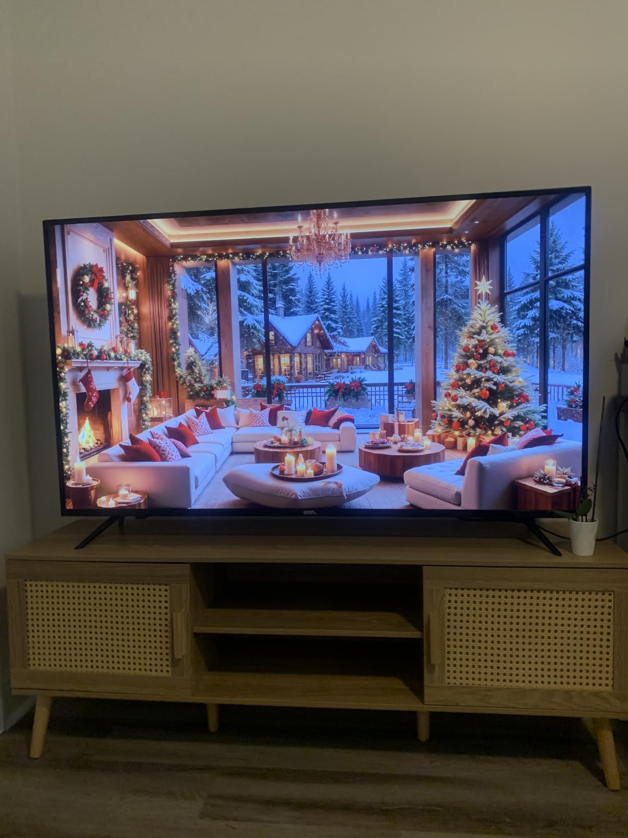 SUPERJARE Boho TV Stand for 65 Inch TV, Entertainment Center with Adjustable Shelf, Rattan TV Console with 2 Cabinets, Media Console, Solid Wood Feet, 4 Cord Holes, for Living Room - Natural - Customer Photo 1