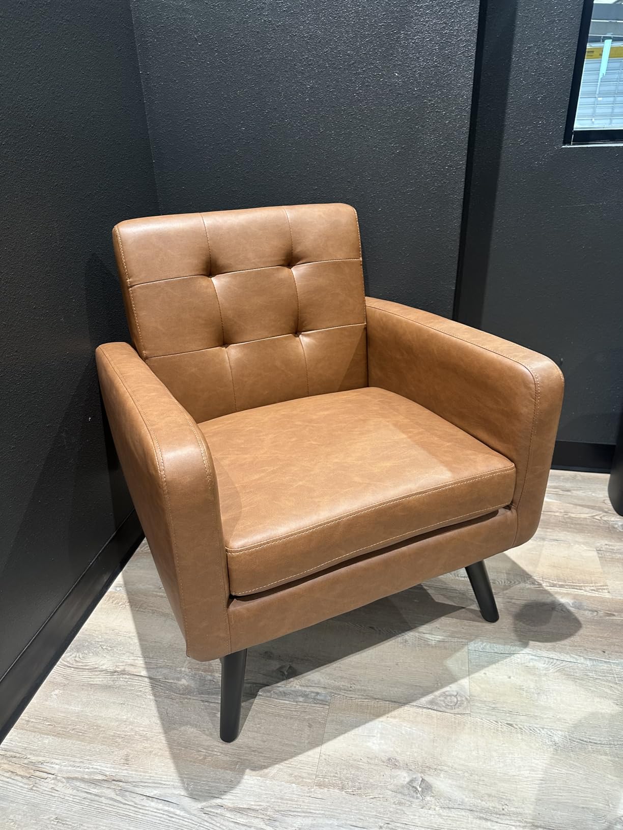 Yaheetech Mid-Century Accent Chairs, Modern Upholstered Living Room Chair, Cozy Armchair Button Tufted Back and Wood Legs for Bedroom/Office/Cafe, Yellow - Customer Photo 2