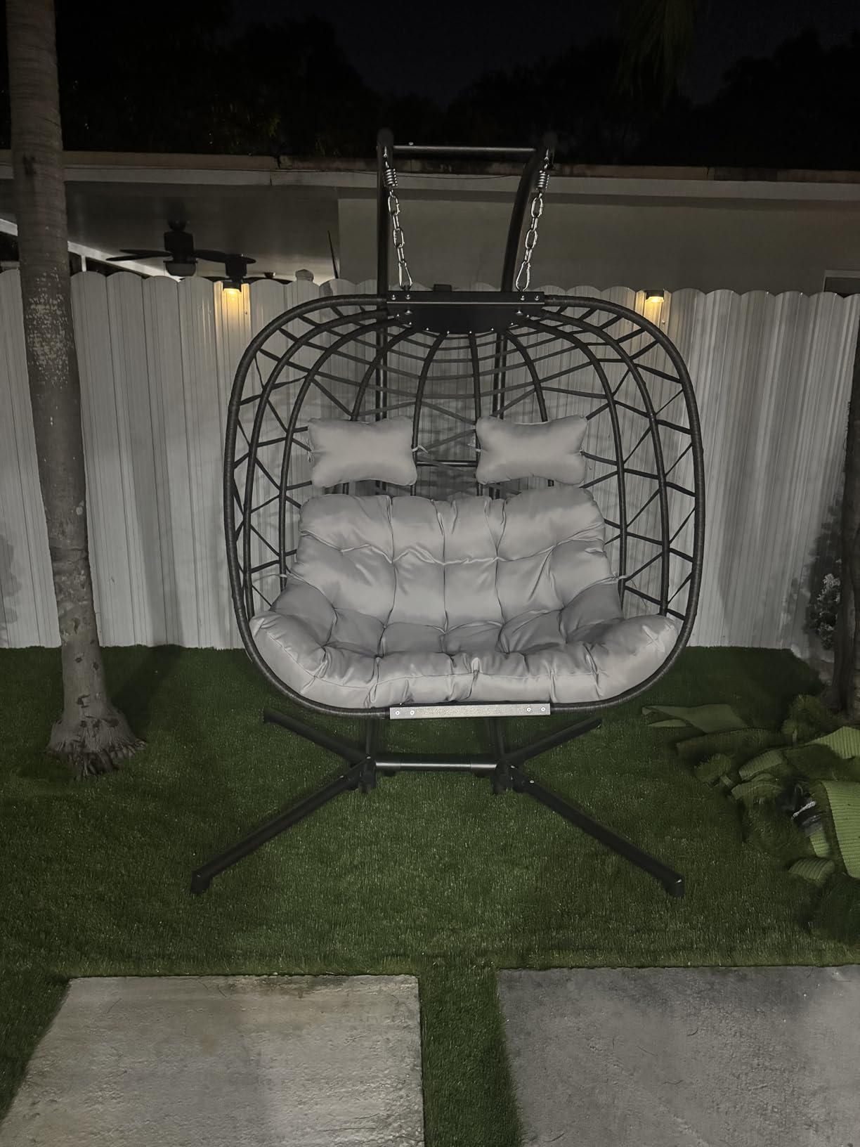 NICESOUL Double Swing Egg Chair with Stand, Extra Large 2 Person Indoor Outdoor Wicker Loveseat, Oversized Patio Hanging Basket Chair with Cushions, 700Lbs Sturdy Porch Swing for Backyard, Beige - Customer Photo 1