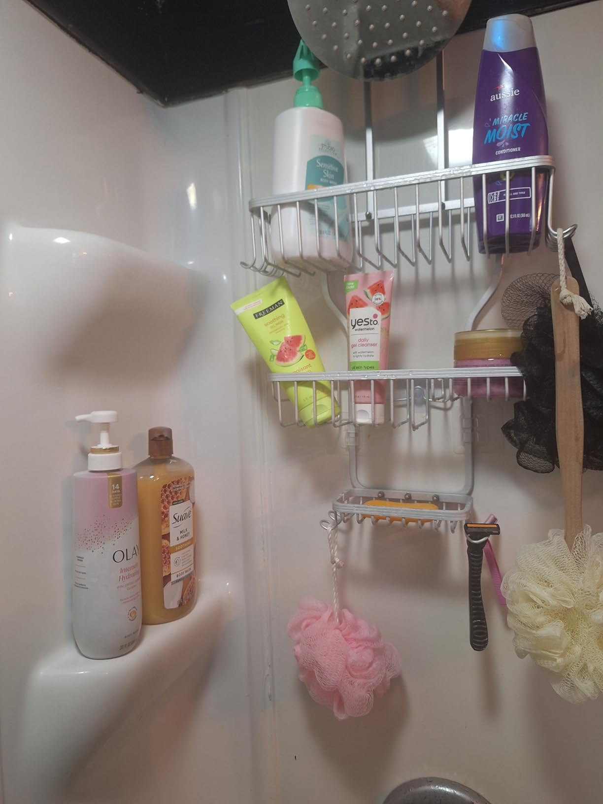 YASONIC Shower Caddy Hanging - Never Rust Shower Organizer - Aluminum Over The Head Caddy with 10 Hooks for Razor/Sponge - Rack with Soap Basket - Silver - Customer Photo 1