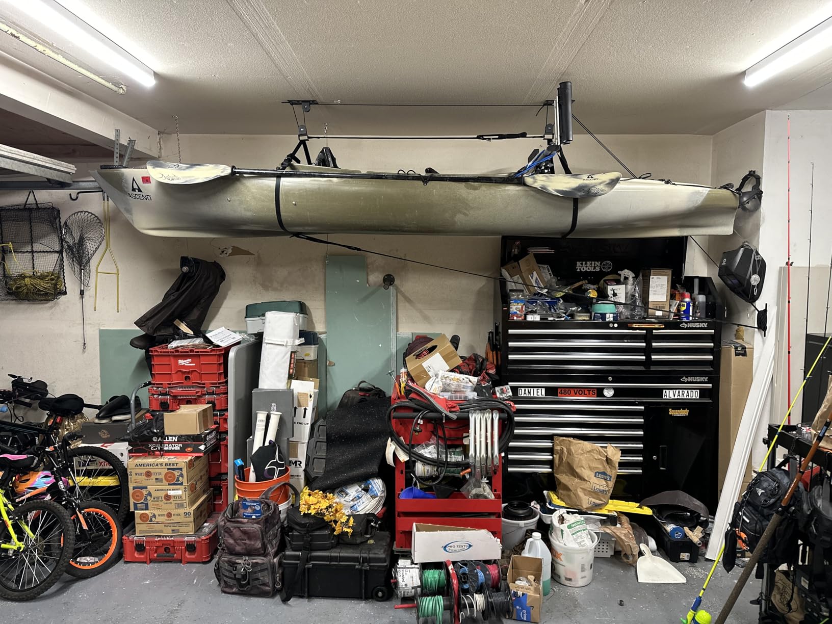 StoreYourBoard Kayak and Canoe Ceiling Hoist – Overhead Garage Storage Rack for Kayaks, Canoes, and Paddle Gear – Heavy Duty Pulley System Indoor Ceiling Mount - Customer Photo 1