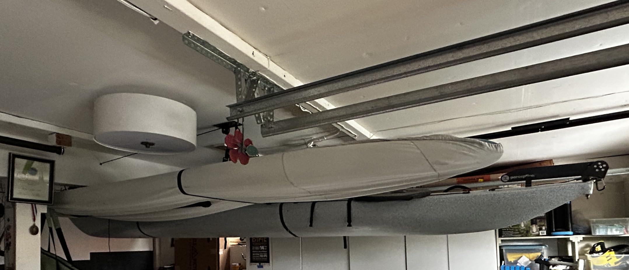 StoreYourBoard Kayak and Canoe Ceiling Hoist – Overhead Garage Storage Rack for Kayaks, Canoes, and Paddle Gear – Heavy Duty Pulley System Indoor Ceiling Mount - Customer Photo 2