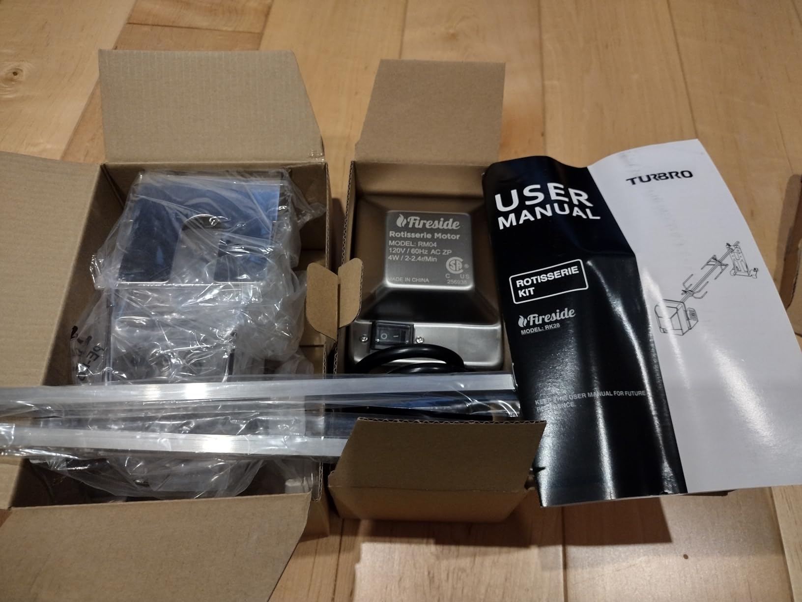 TURBRO Stainless Steel Rotisserie Kit for Gas Grills with A Cookbox up to 39'' - Includes 4W Electric Motor, 34'' - 45'' × 5/16
