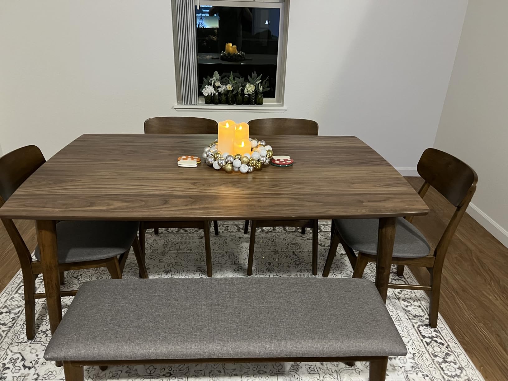 Best Choice Products 6-Piece Wooden Dining Set, Mid-Century Modern Table & Upholstered Chair Set w/Bench Seat, Rubberwood Legs - Walnut/Cream - Customer Photo 2