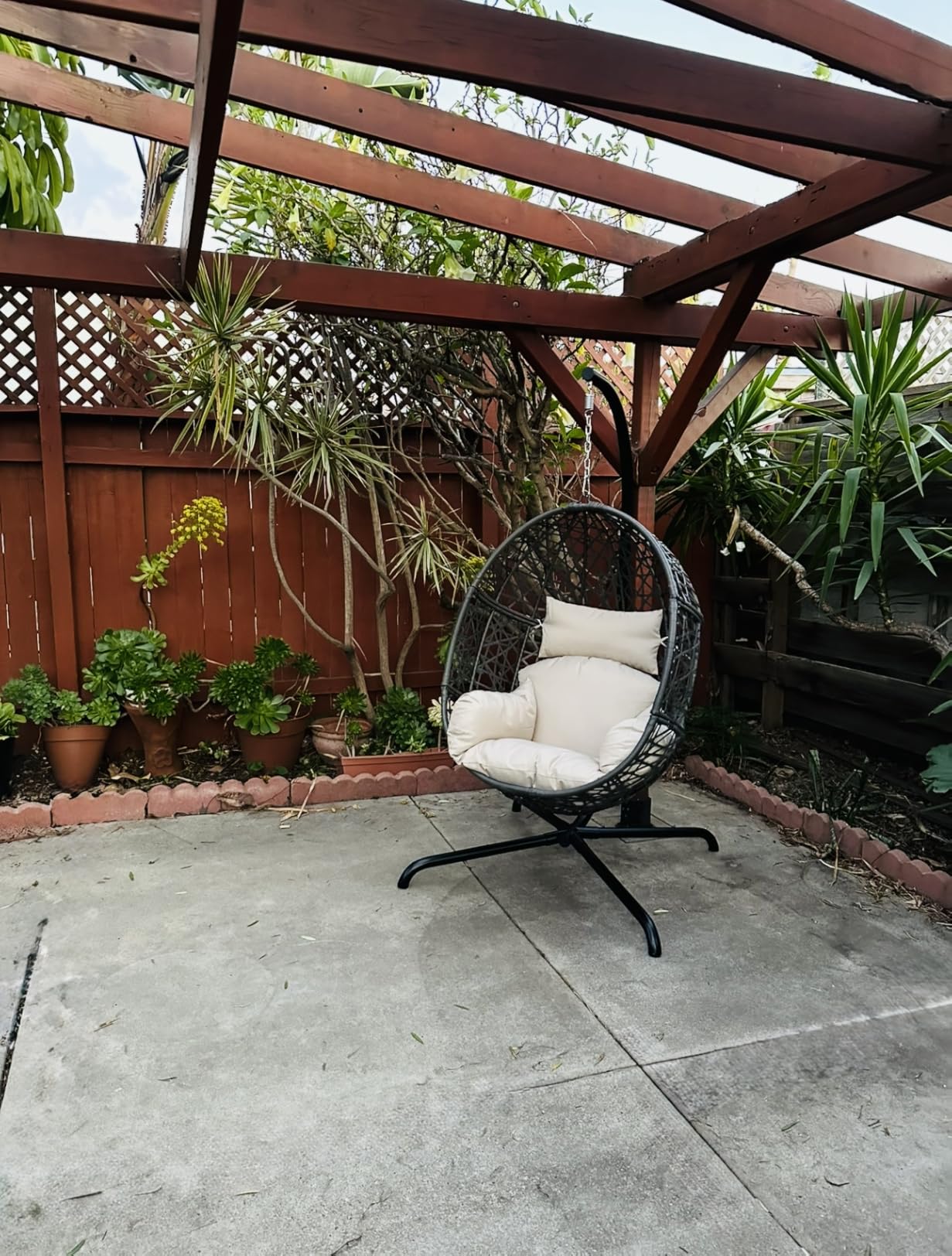NICESOUL Oversized Patio Swing Egg Chair, Rattan Outdoor Indoor Hanging Egg Chair with Stand, Cozy Bird Cage Swinging Basket Chairs, 350 lbs Egg-Shape Padded Seat for Balcony Outside, Beige - Customer Photo 1