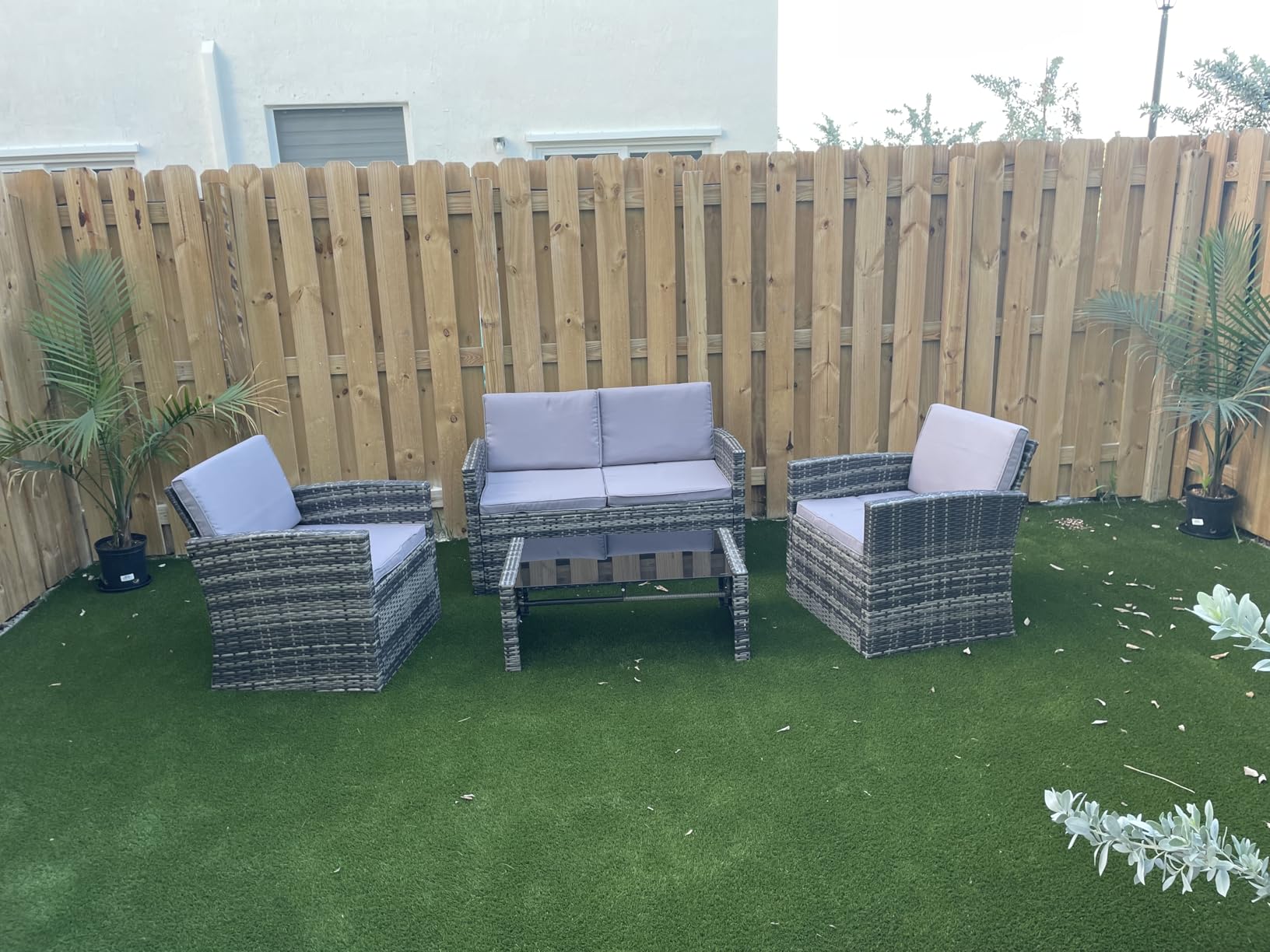 8 Pieces Outdoor Wicker Rattan Patio Furniture Sectional Set, Glass Top Table with Hidden Storage, 7 Sofa Sections, Oversized Cushions, Natural Color Rattan with Black Cushion Customer Review 8 Pieces Outdoor Wicker Rattan Patio Furniture Sectional Set, Glass Top Table with Hidden Storage, 7 Sofa Sections, Oversized Cushions, Natural Color Rattan with Black Cushion - Customer Photo 1