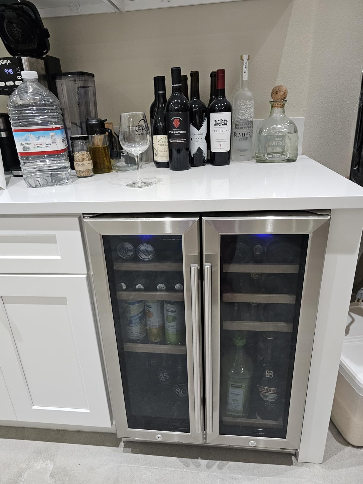 EUHOMY Wine and Beverage Refrigerator, 24 Inch Dual Zone Wine Cooler with Glass Door Hold 21 Bottles and 88 Cans, Built in or Under Counter Wine Fridge with Blue LED Light Customer Review EUHOMY Wine and Beverage Refrigerator, 24 Inch Dual Zone Wine Cooler with Glass Door Hold 21 Bottles and 88 Cans, Built in or Under Counter Wine Fridge with Blue LED Light - Customer Photo 1
